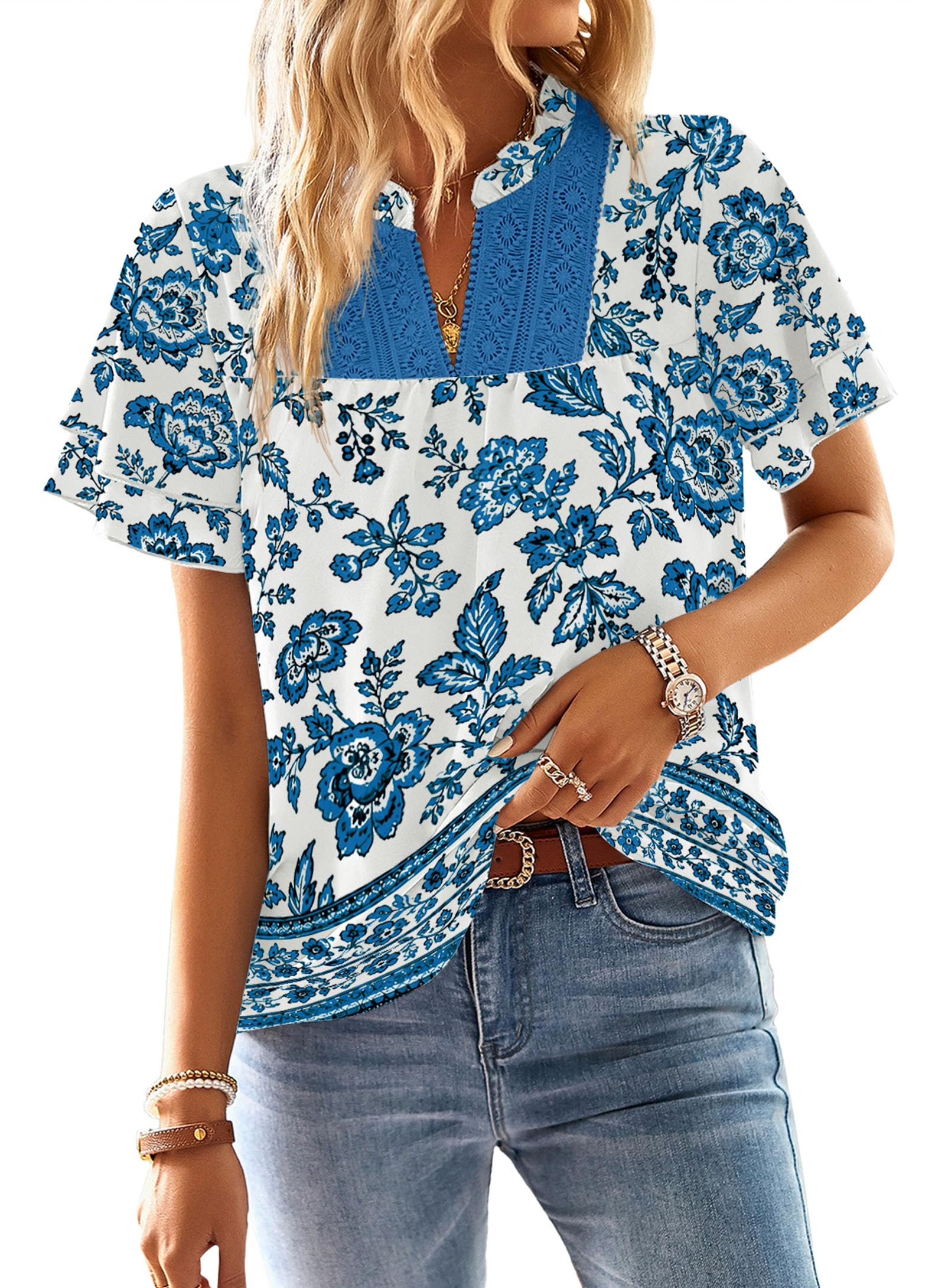 Falechay Womens Tops Boho Flowy Shirts Dressy Casual Short Sleeve Blouses | V Neck Loose Fit Blouses, Business Work, Hide Tummy, Lace Ladies Summer Outfits, Swiss Dot, Babydoll Crochet Clothes XS-6XL