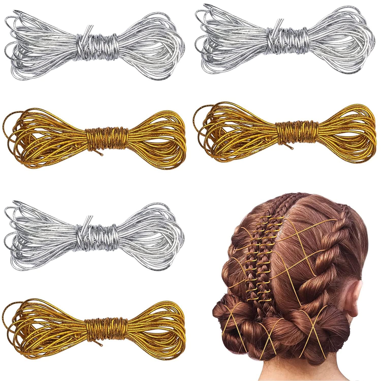 Khazna Braids Hair Elastic Cords Braiding Rope Metallic Tinsel Stretch Cord Ribbon Gold Silver String Jewelry Thread for Hair Braiding Twist Gift Hang Tags and Craft Making 5M, 6 Pieces