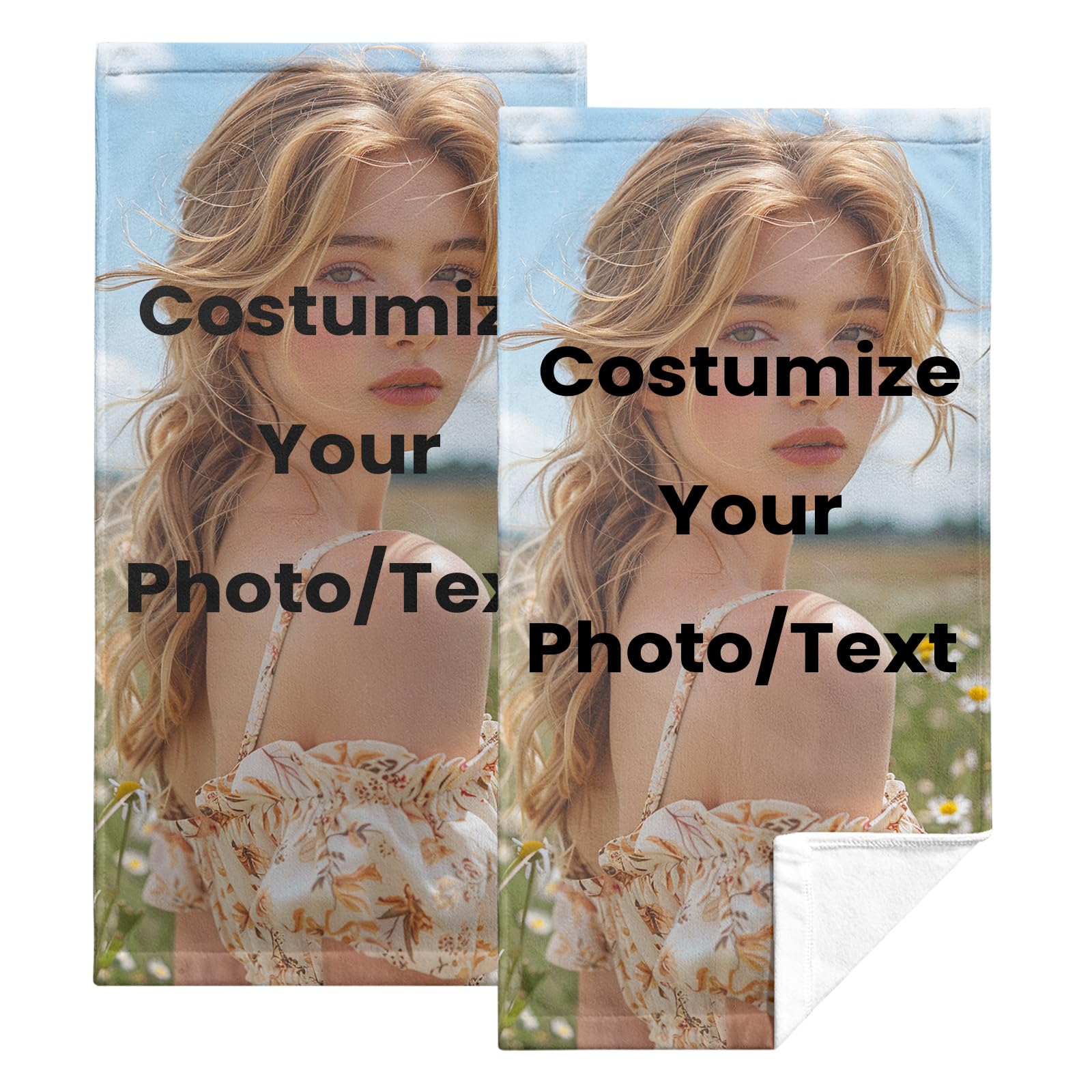 Kwlegh Customized Cotton Fabric Hand Towel for Bathroom Set of 2,Custom Any Image or Photo Personalized Bath Towels Soft Absorbent Kitchen Towel for