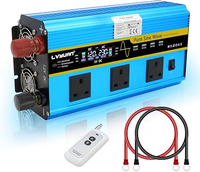 LVYUAN 2500W /5000W Pure Sine Wave Power Inverter DC 12V to AC 230V/240V Converter with LCD & Wireless Remote Controller & 3 AC Sockets & 4 USB Ports & Fan