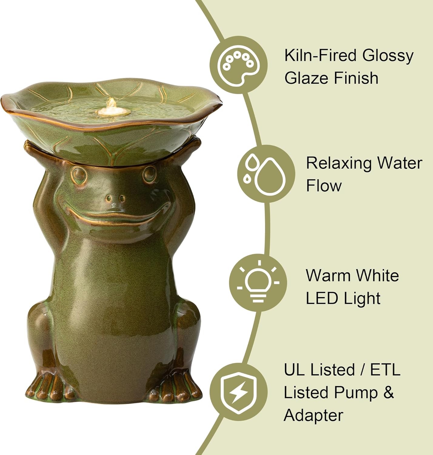 Glitzhome 21.5" H Olive Green Frog Hold a Lotus Birdbath Ceramic Outdoor Water Fountain with LED Lights and Pump, Lively Frog Statue Birdbath Fountain for Porch Deck Garden Patio Backyard