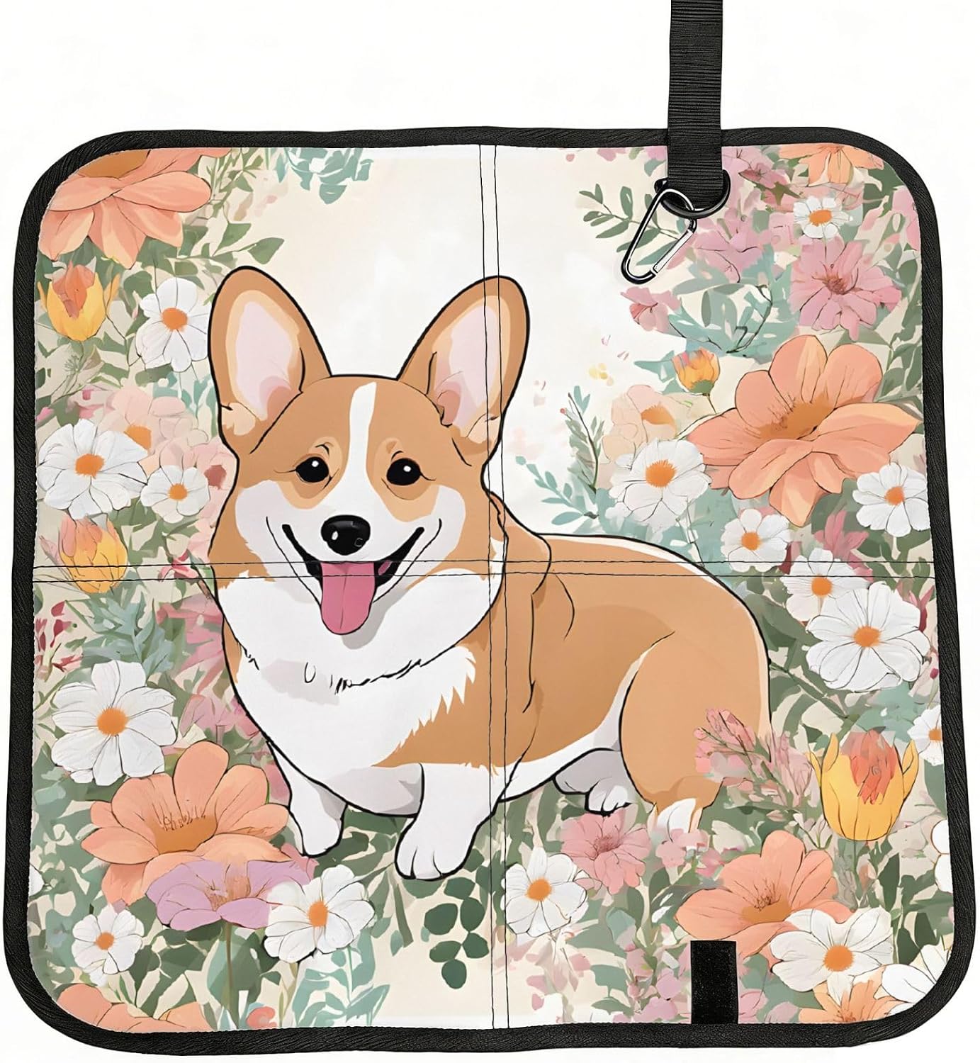 (Corgi Floral Flowers) Sitting Pad Foldable Seat Cushion Lightweight Camping Seat Mat with Hook for Outdoor Hiking Picnic Camping