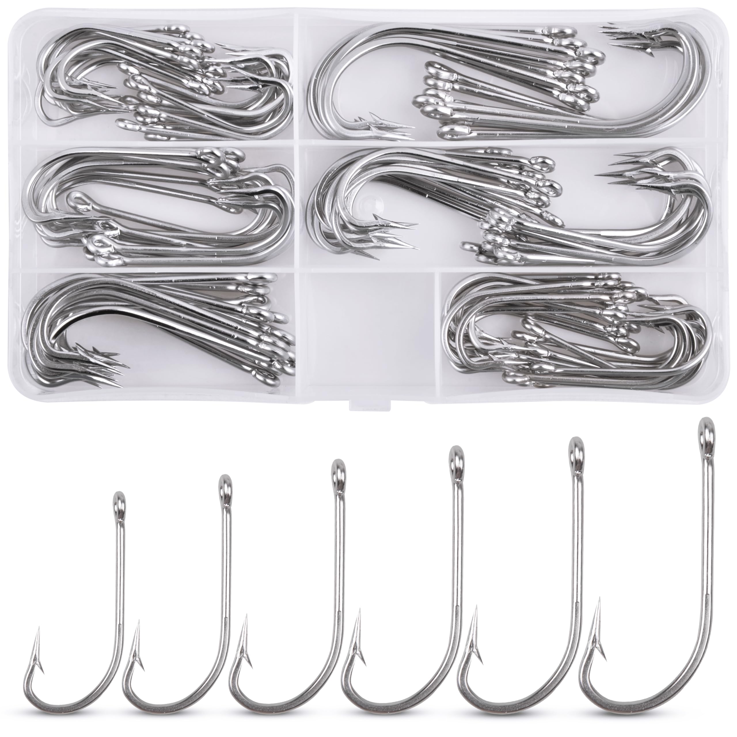 Saltwater Fishing J Hooks Kit,110pcs 34007 O'shaughnessy Forged Hooks Long Shank Stainless Steel J Fishing Hooks Set Trolling Sea Bass Fishhooks for Saltwater Freshwater