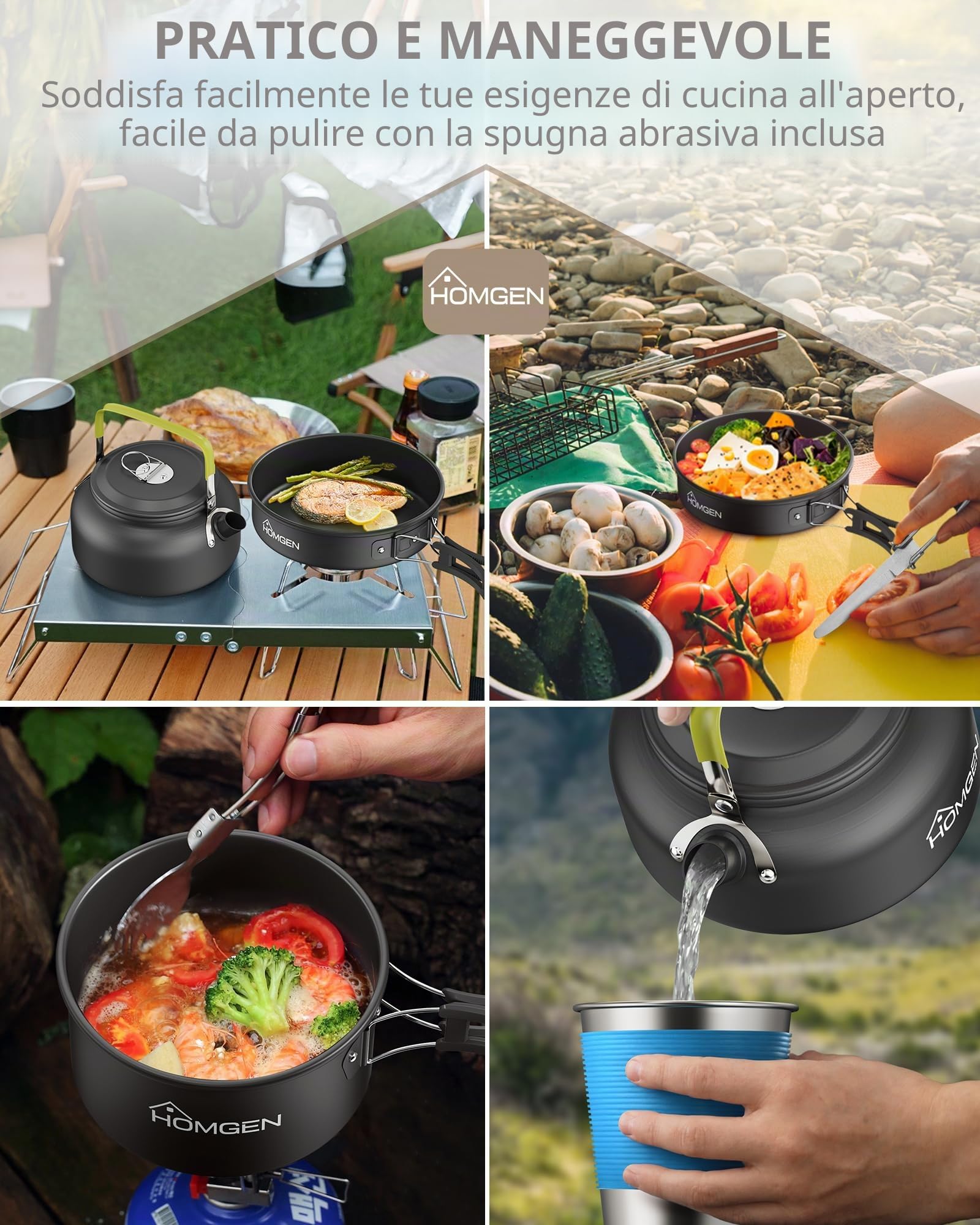 HOMGEN Set da campeggio in alluminio con posate pieghevoli per 2-3 persone | Set portatile e leggero, pentole e padelle da campeggio, adatto per un fornello da campeggio, con custodia, antiaderente