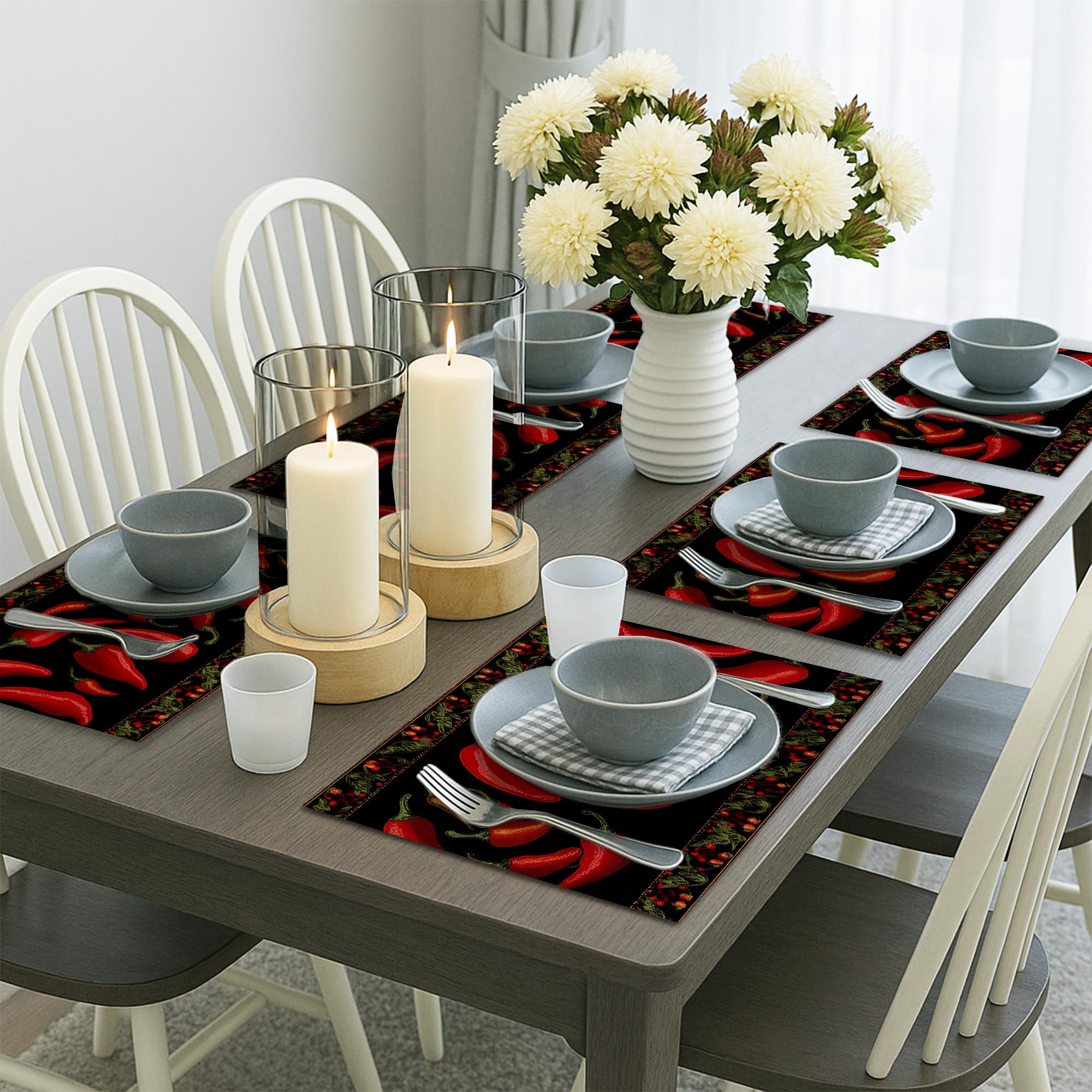 Juego de 6 manteles Individuales con Estampado de Chiles Rojos Vibrantes,