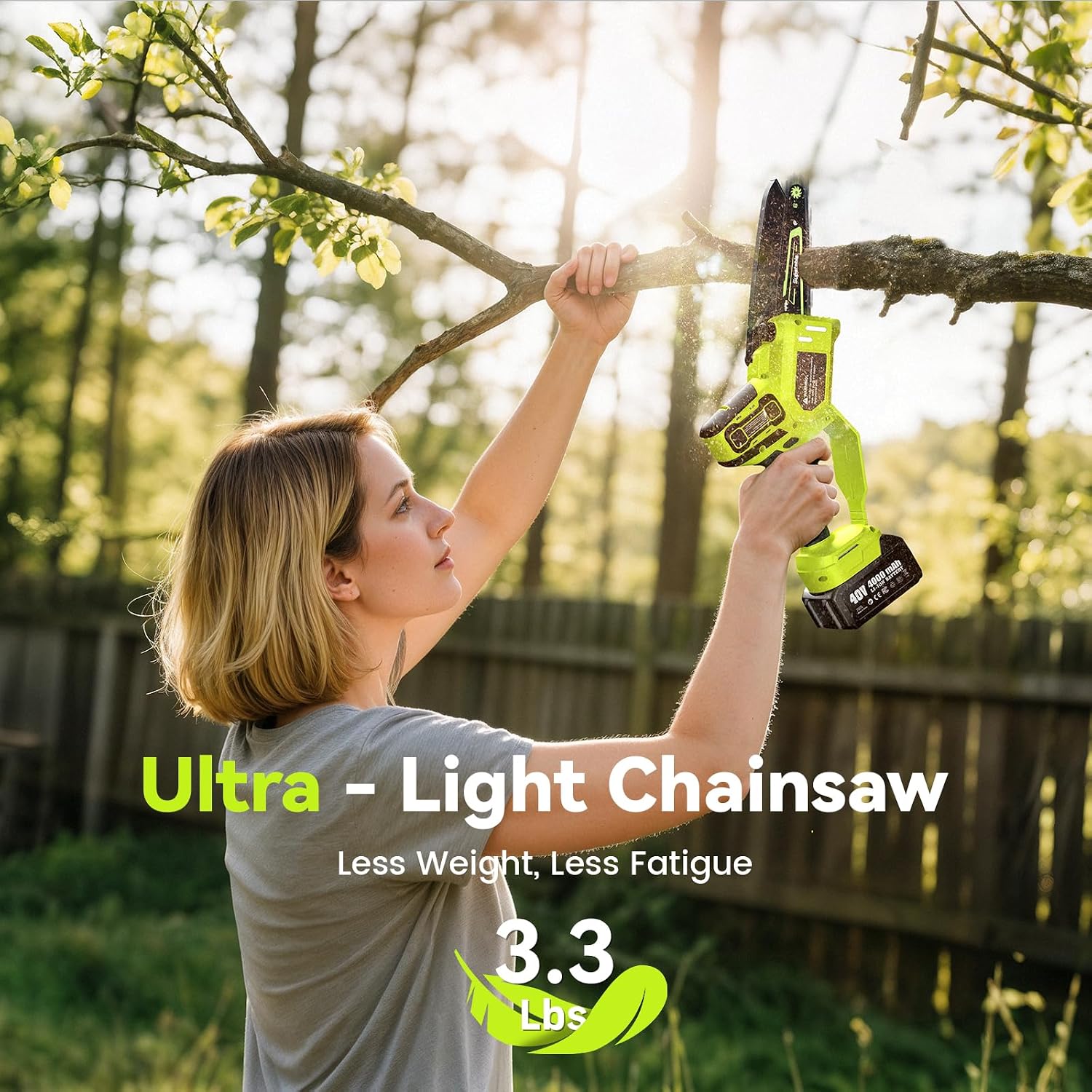 Woman using the Supstable mini chainsaw to cut a small branch
