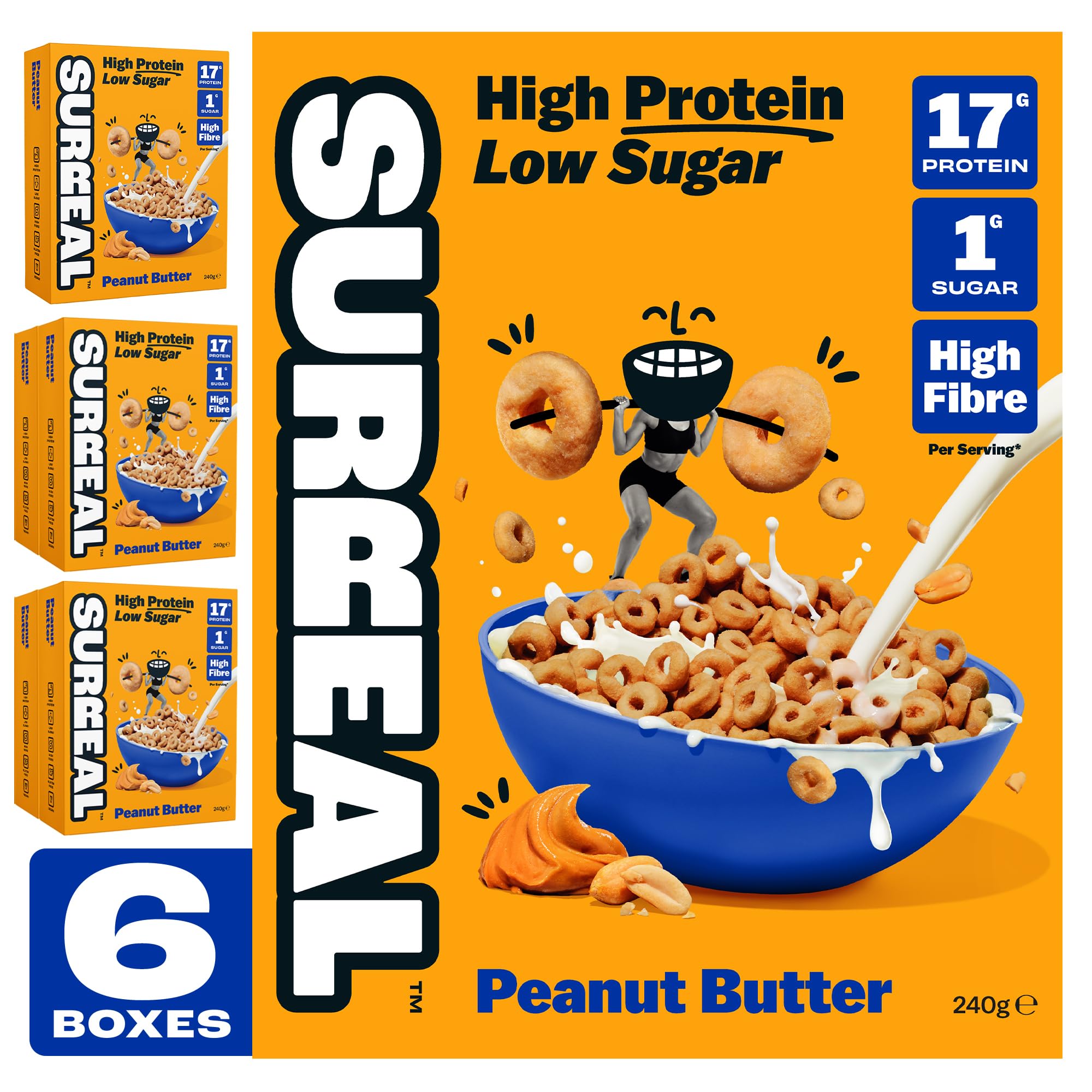 Peanut Butter - High Protein Cereal Gluten Free - Zero Sugar- Healthy Plant Based Cereal - High in Fibre - Low Carb - Vegan - 17g of Protein, 0g of Sugar - 240g per Box - 6 Pack (6 x Peanut)