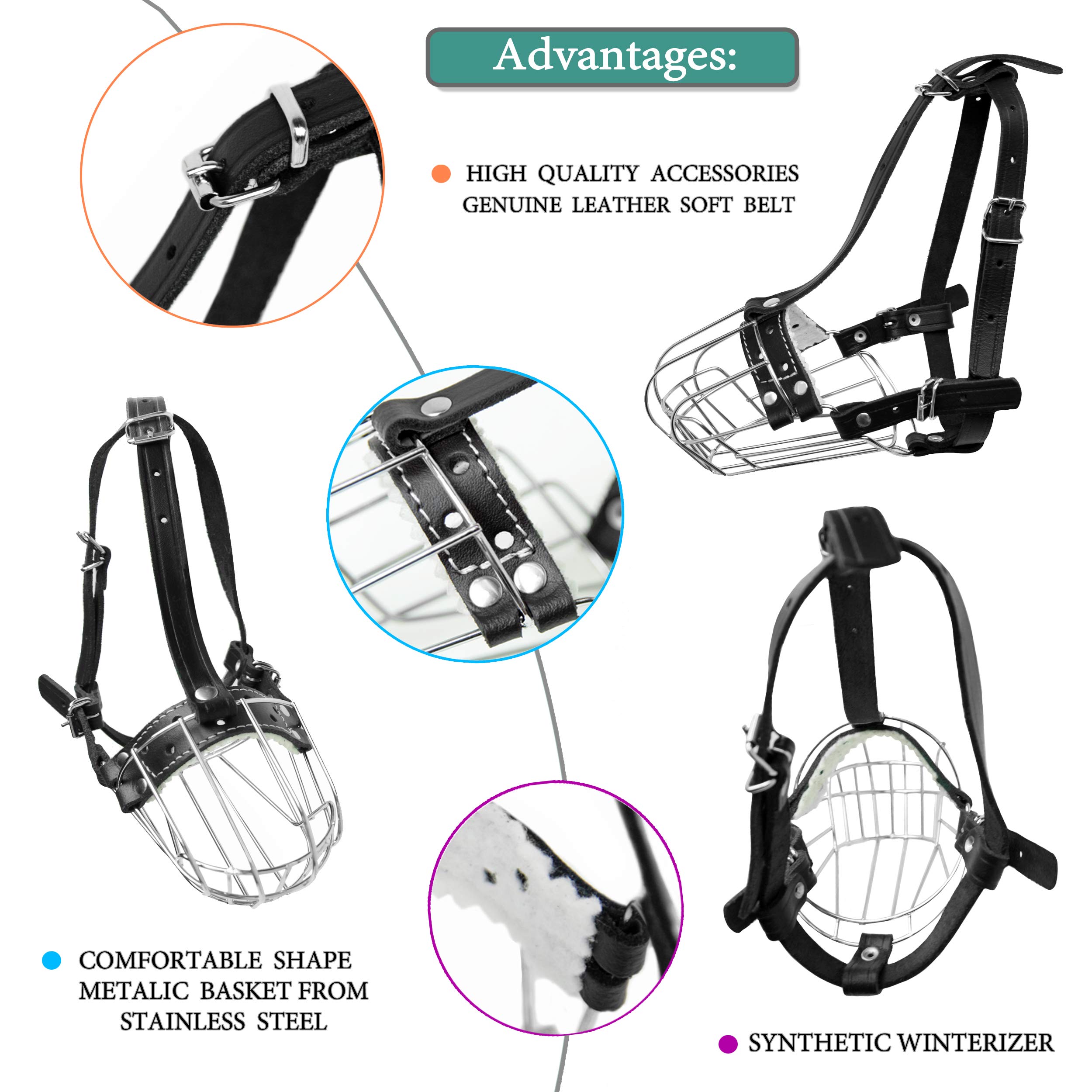 Bozales de Metal Cromado para Perros, Correas de Cuero Ajustables (№3) La Circunferencia es de 19,8-23,8 cm, la Longitud es de 8,3-9 cm
