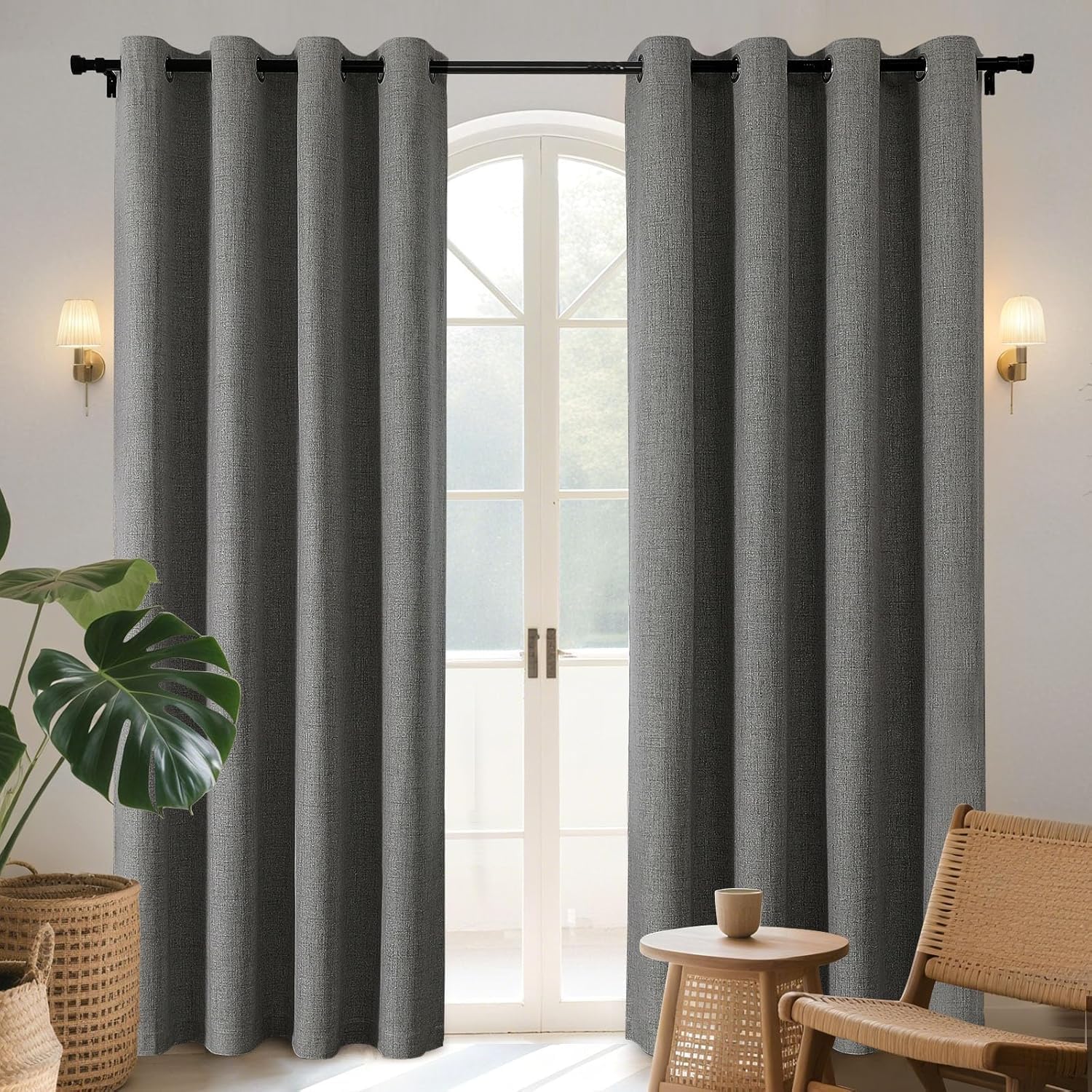 Joydeco 100% Blackout Lined Curtains W52 x L84 Inch Drop, Linen Look Eyelet Thermal Insulated Curtains with Coating Back Layer for Light Blocking Noise Reduction, Grey - 2 Panels — image 1