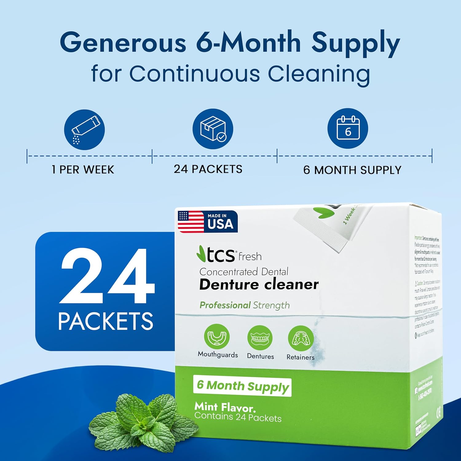 TCS Fresh Denture Cleaner – Professional Strength Concentrated Cleanser Mint Powder for Dental Cleaning – For Dentures, Night Guards, Aligners & Retainer Cleaner – 24 Packets (6 Month Supply)