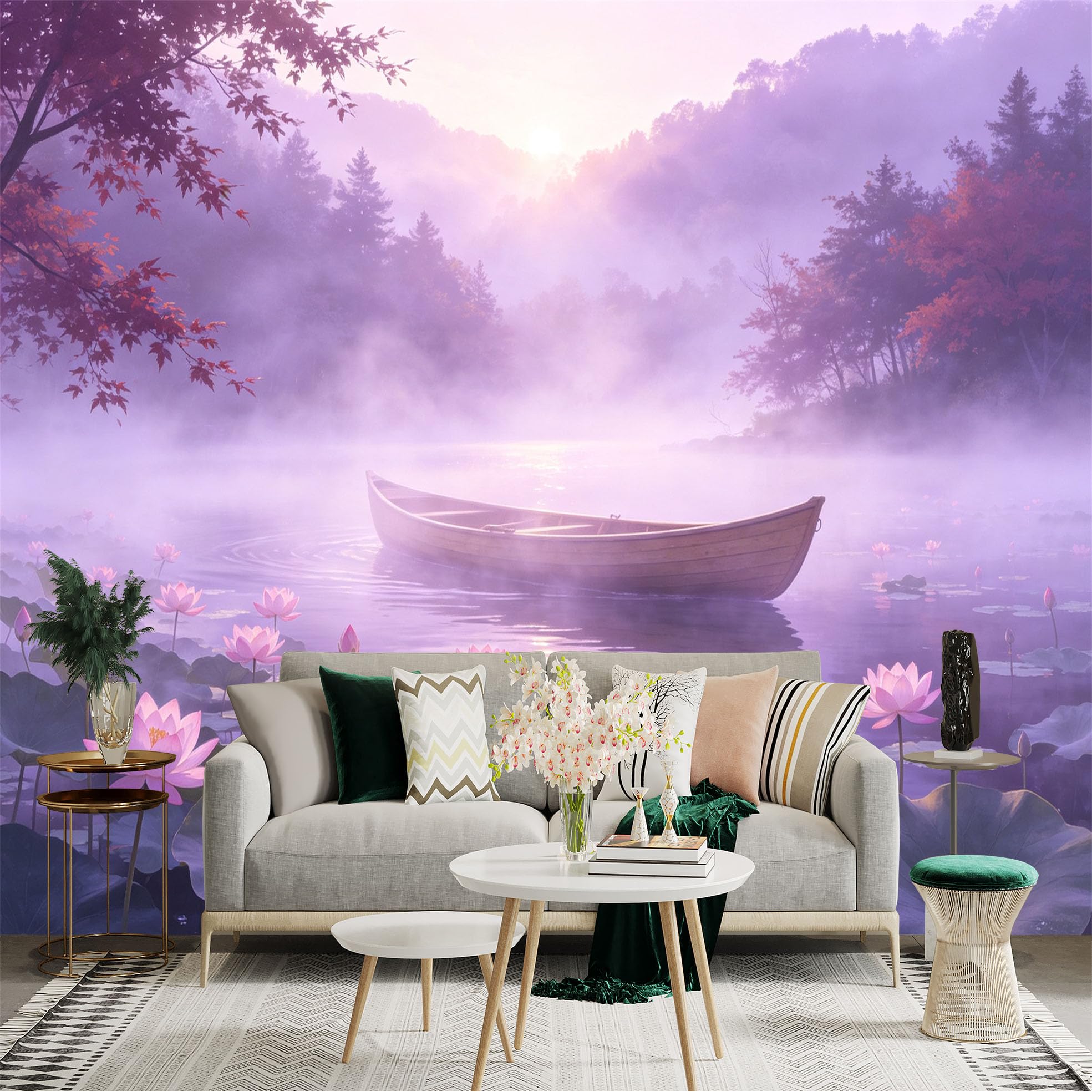 Custom Size Wall Sticker Mural， Misty Lake with Wooden Boat， Pink Lotus Flowers， Serene Nature Landscape， for wall Decoration， peelandstick wall Decals.