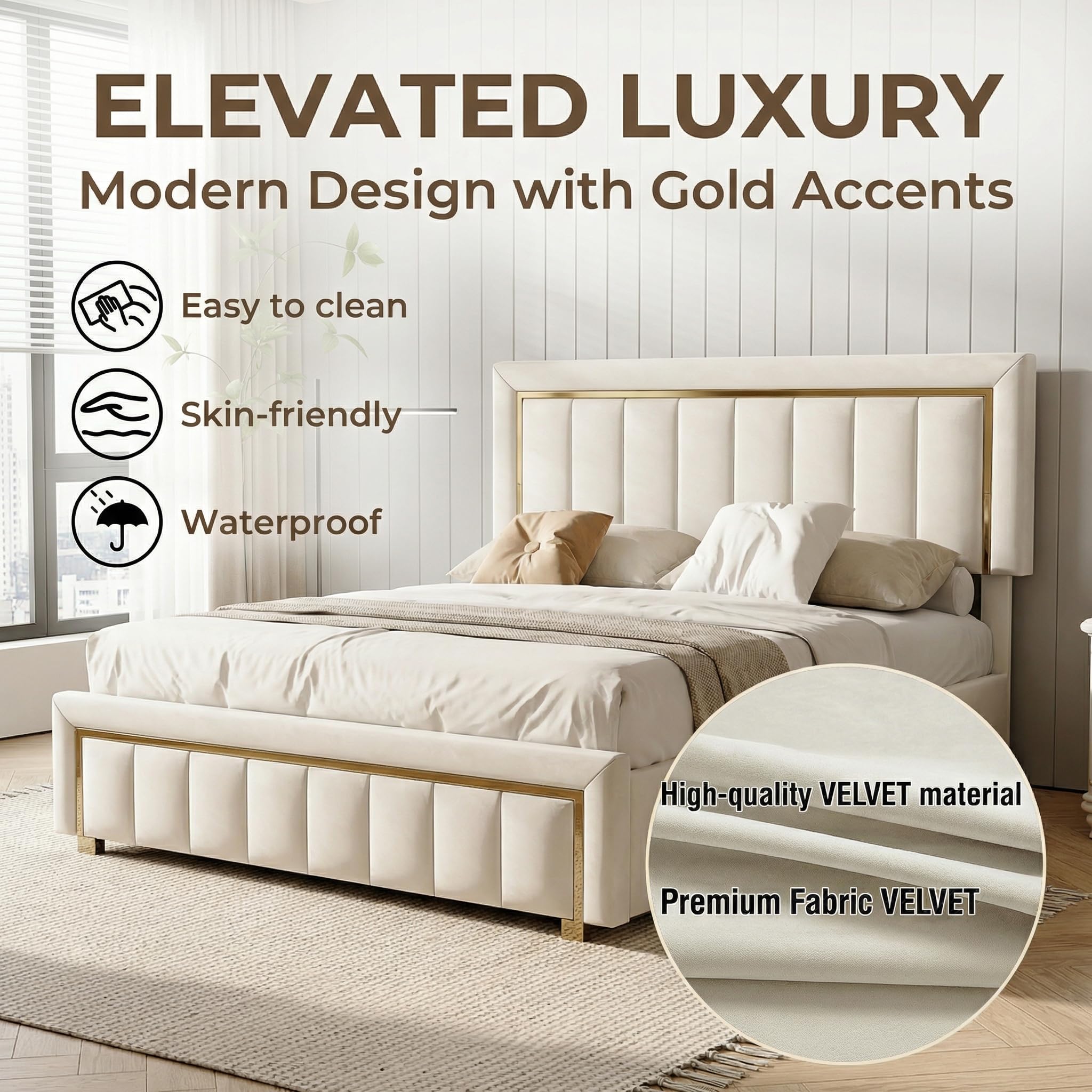 Cama tapizada de 160x200 cm, cabecero de Terciopelo Beige con Ribete Dorado, Cama de Matrimonio con canapé, Apta para Adultos y Adolescentes, colchón no Incluido