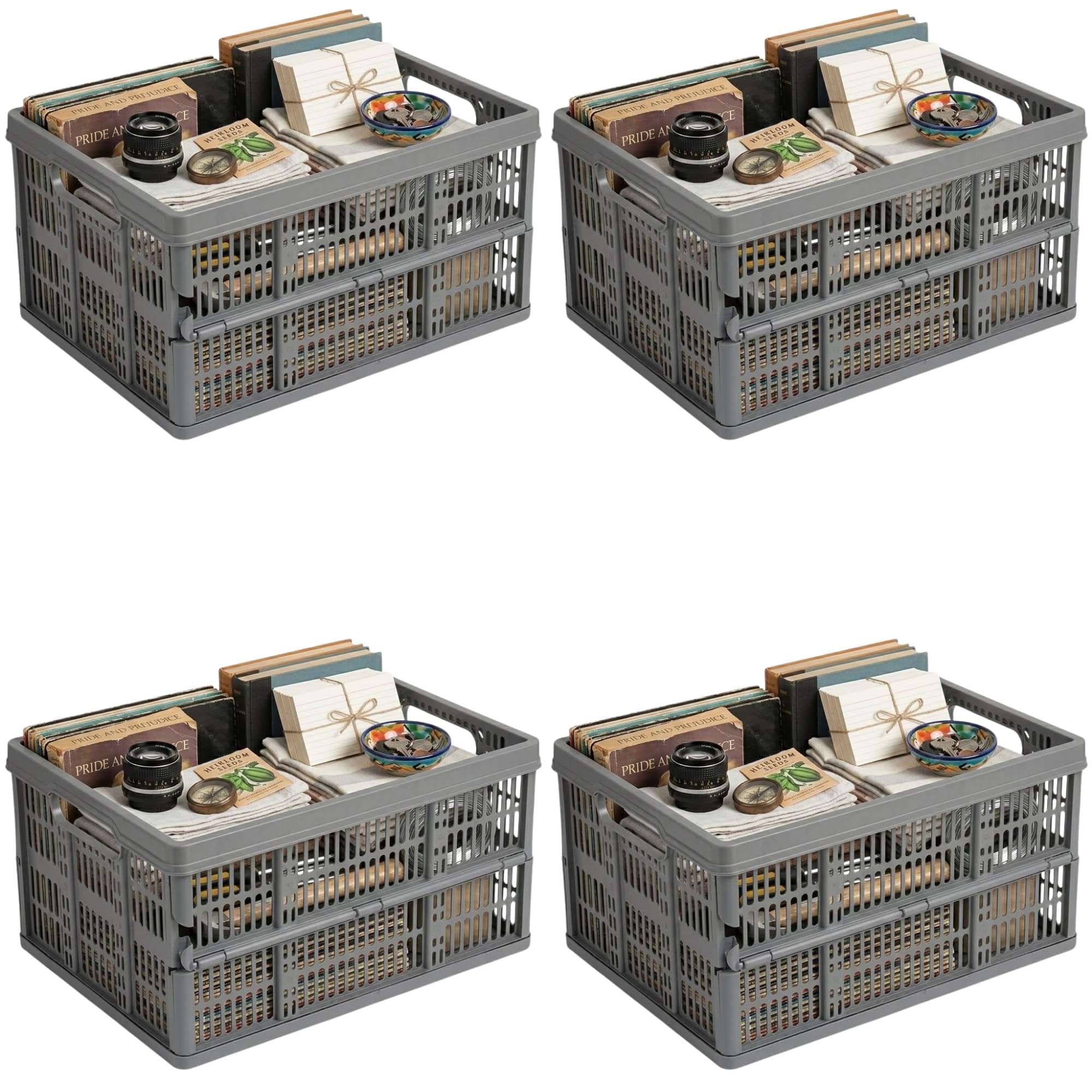 KYY'Z - 32 Litre Folding Collapsible Plastic Storage Crates - Grey Heavy Duty Basket with Handles - Stackable Space Saving Storage Crate for Home & Utility Use 48cm L x 35cm W x 24cm H (4x 32L Grey)