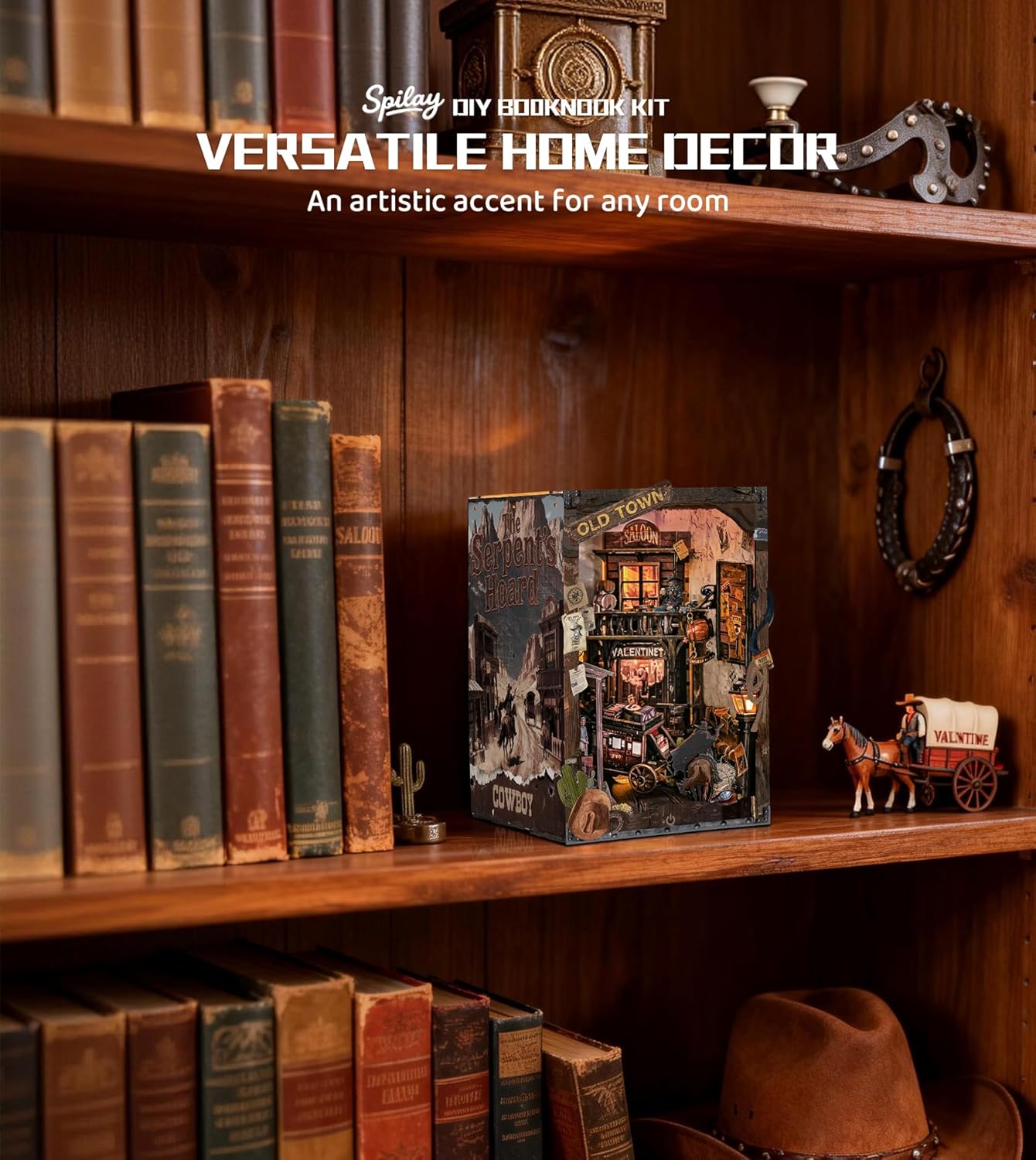 Spilay Book Nook Kit for Adults, Miniature Dollhouse Kit with LED Light, 3D Wooden Puzzle Book Nook Kit, Creative Bookshelf Decoration & Unique Gift and Book Lovers(Sundown Crossing)