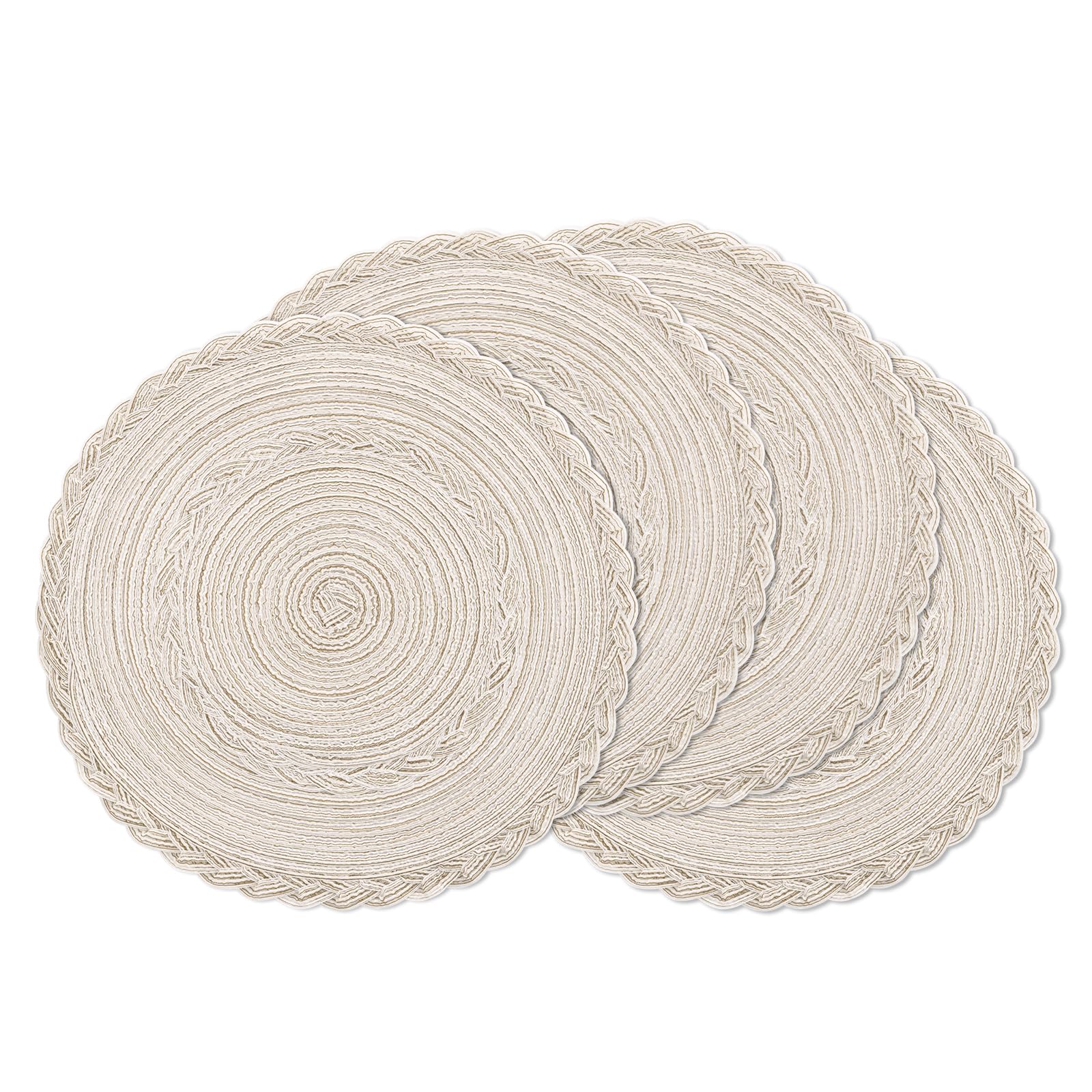 SHACOS Round Placemats Set of 4 Boho Braided Border Table Place Mats for Dining Table Wedding Holiday Party (Ivory Bordered, 4)