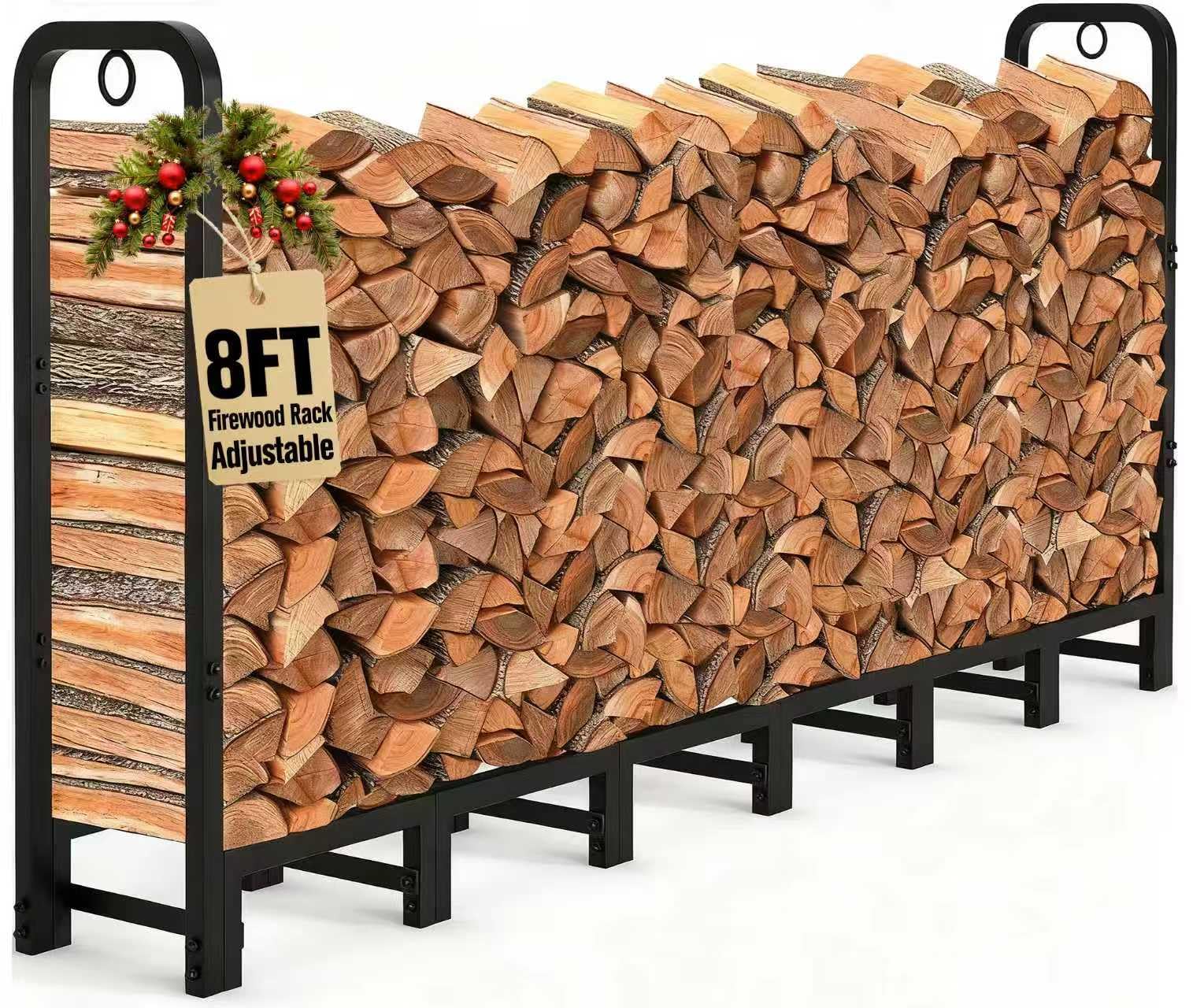 Amagabeli 8ft Firewood Log Rack Outdoor Heavy Duty Logs Holder for Fireplace Indoor Outdoor Adjustable Wood Racks for Fire Wood Holder Metal Pile Stand Storage Stacker Organizer Black