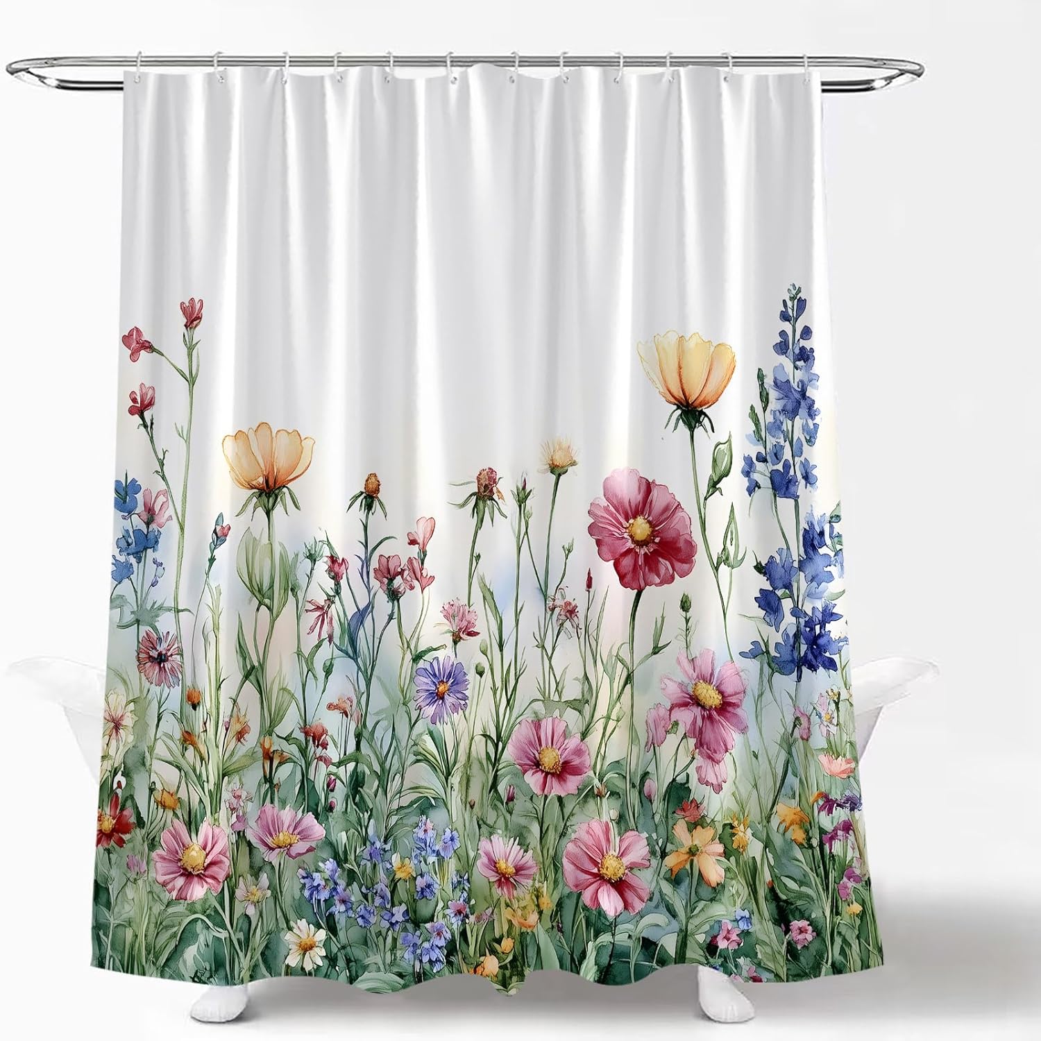Floral Plant Shower Curtain Pink Watercolor Flower Green Leaves Spring Vibrant Colorful Wildflower Plant Garden Botanical Rustic Country Nature Scenery Fabric Bathroom Curtain with Hook
