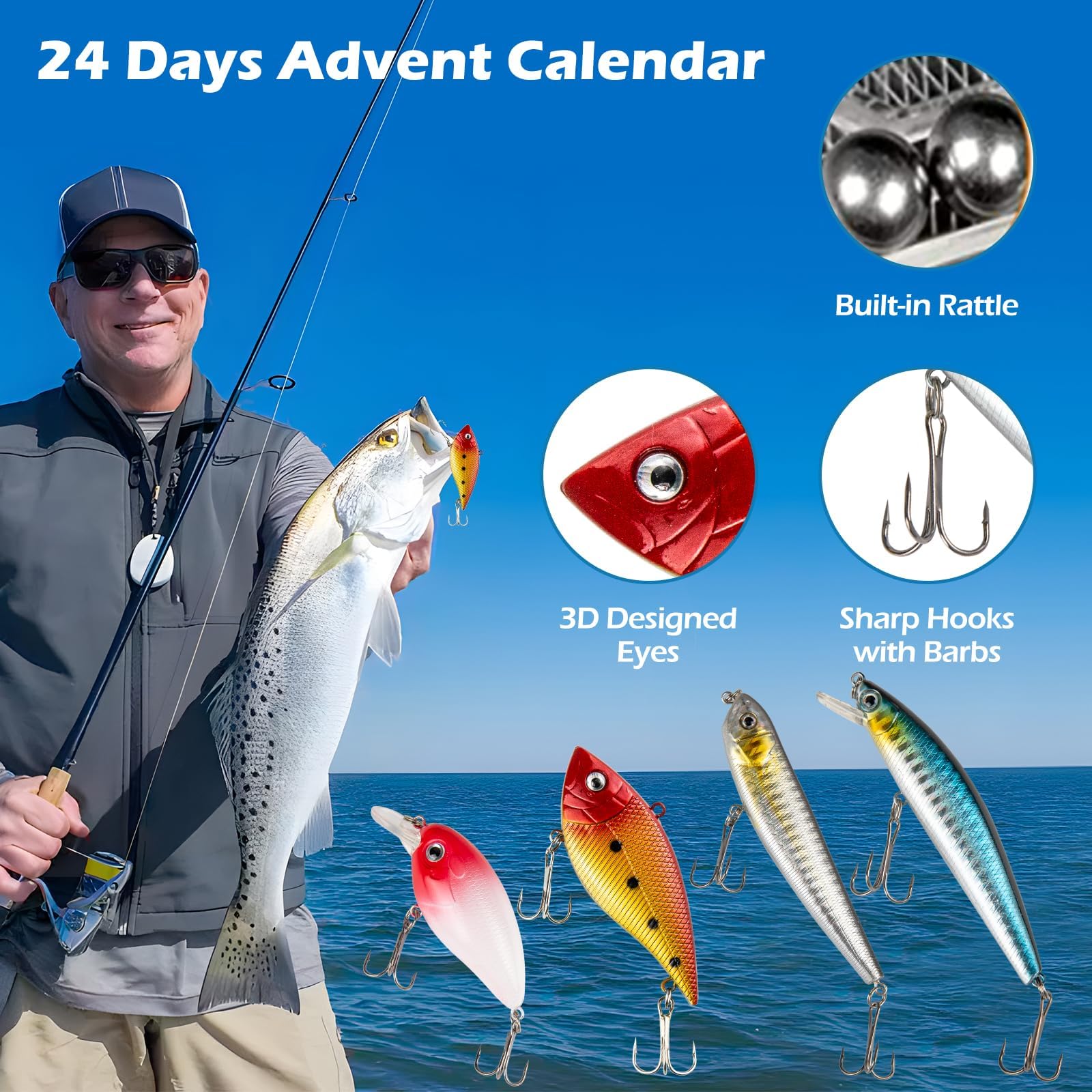 Calendario dell'Avvento 2026 con esche da pesca, 24 giorni, per uomini e