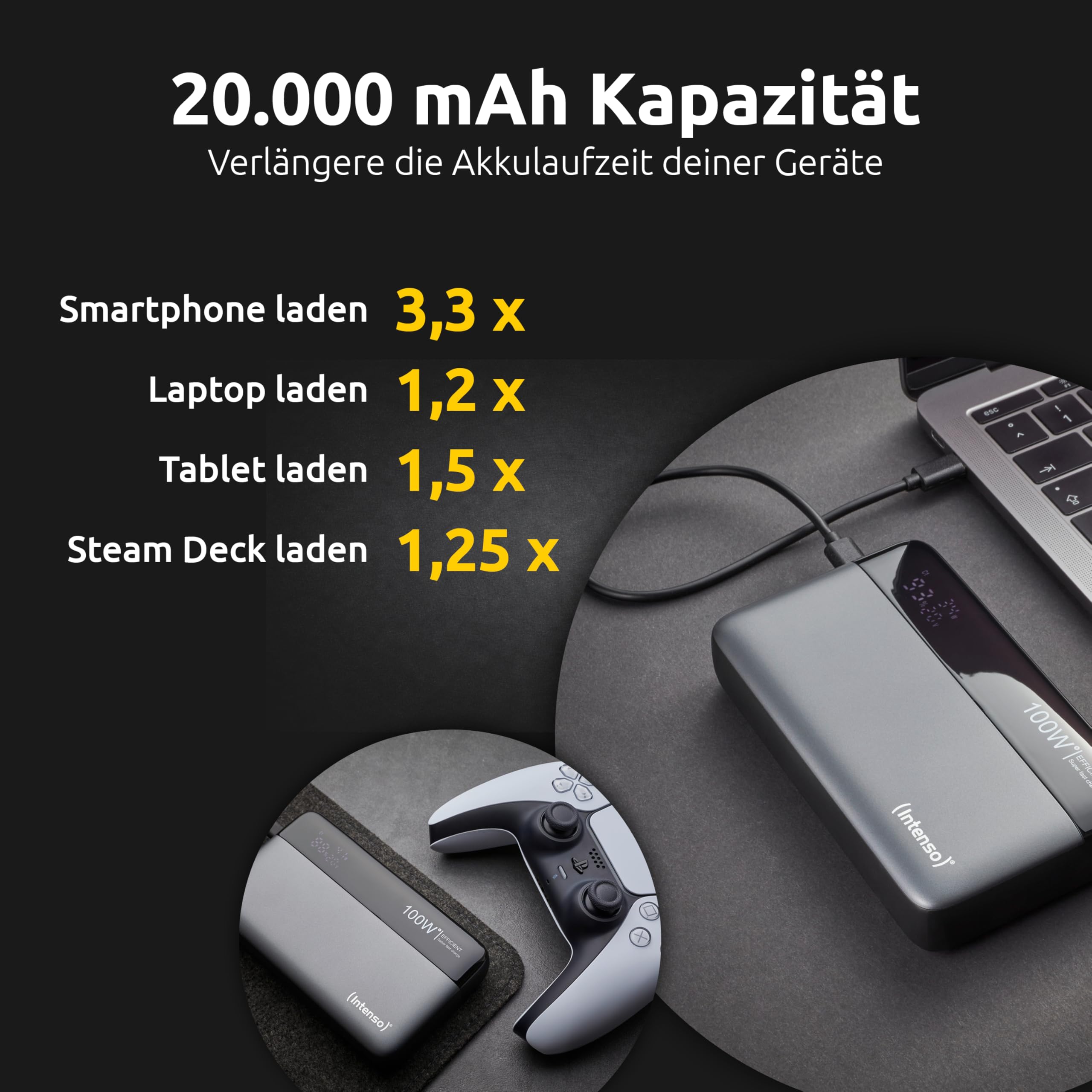 Intenso Powerbank HE20000, batteria esterna con Power Delivery (100 W) e cavo di ricarica USB-C a USB-C, 20000 mAh, colore: Grigio/Nero