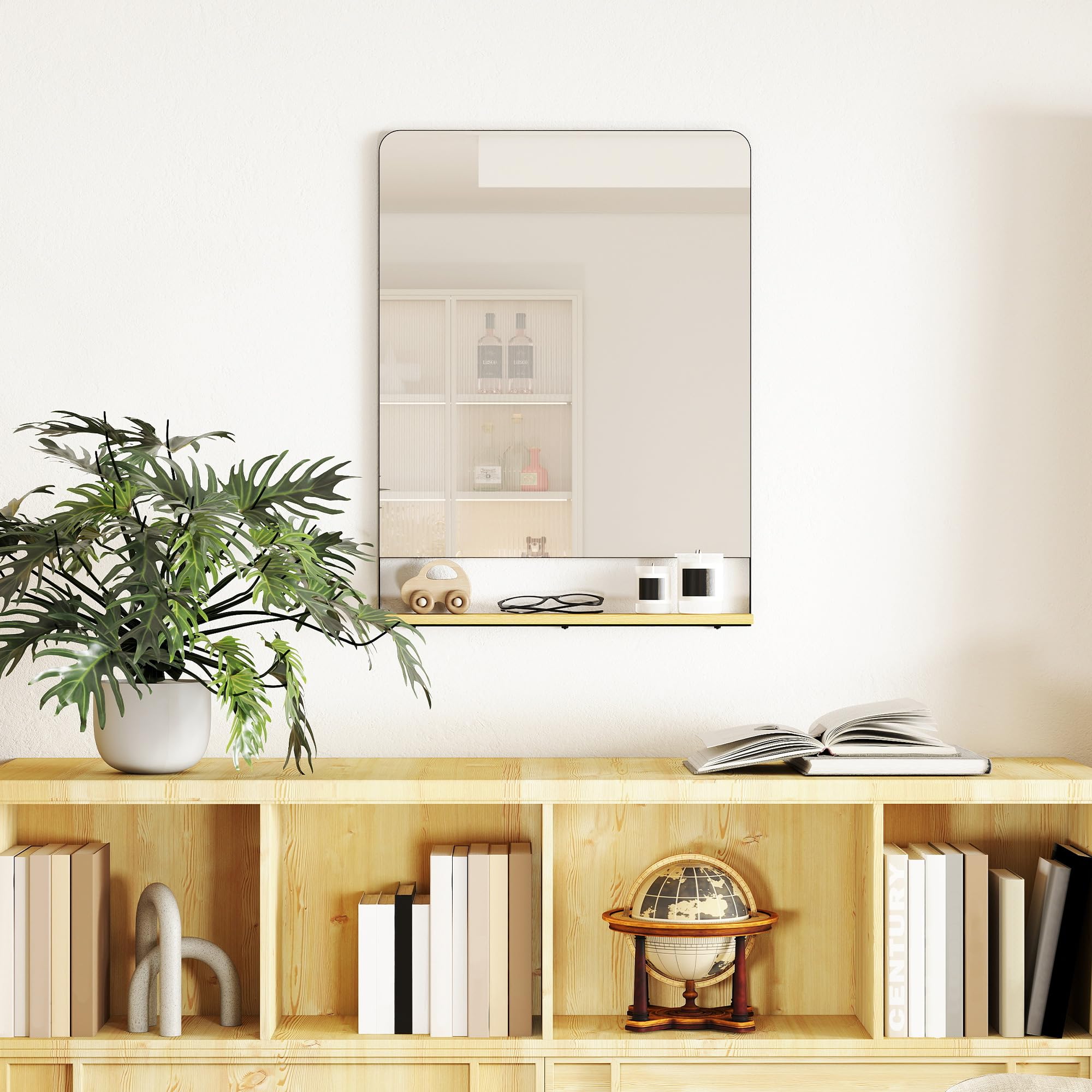 HOMCOM Espejo pared con estante madera 80x60 cm Marco metálico negro | Espejo rectangular, para entrada, salón, baño