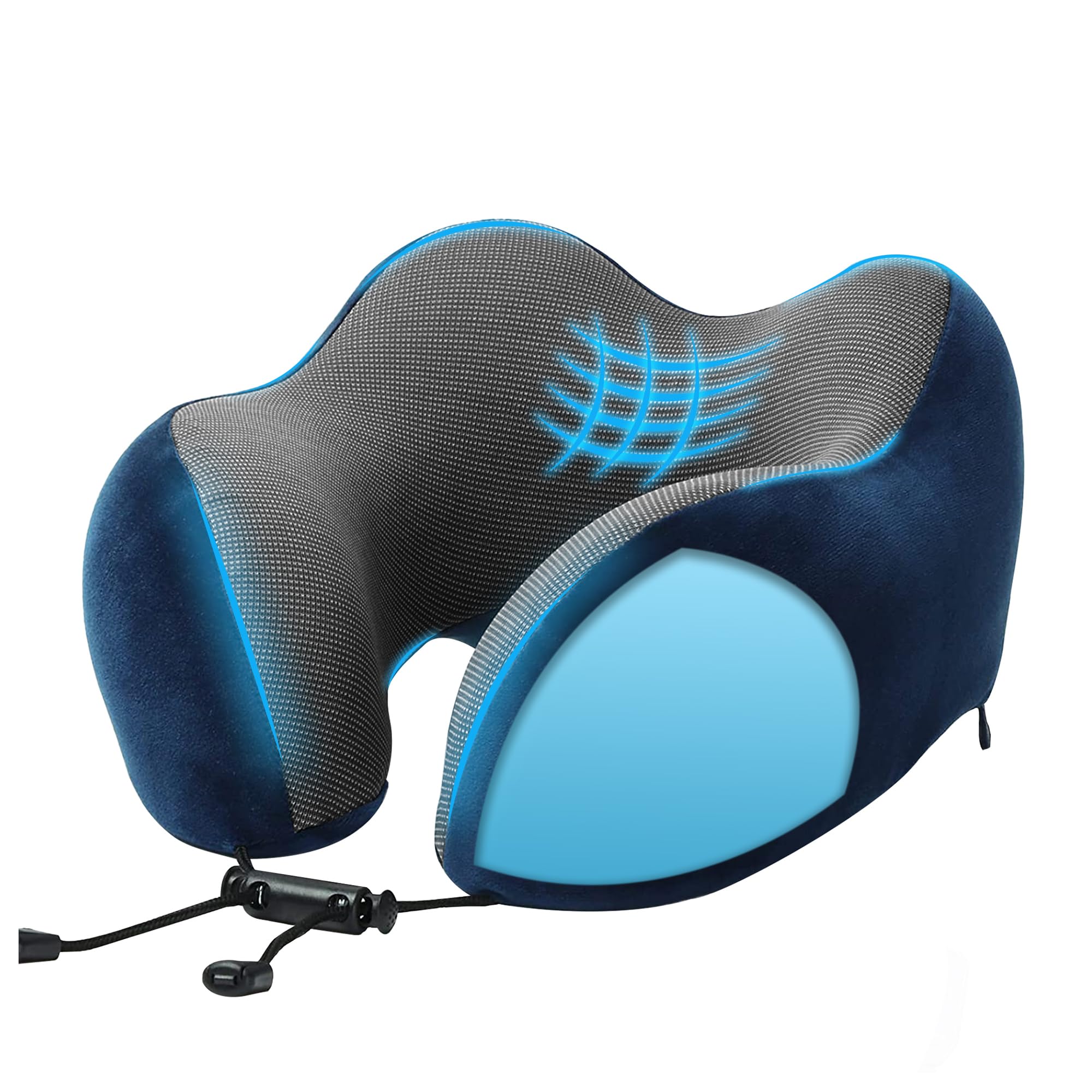 Billebon Cool Gel Infused Memory Foam Travel Neck Pillow with Magnetic Fabric Luxury Neck Support Pillow for Comfortable Travel, Washable Removable Cover (Navy Blue)