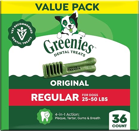 Greenies Regular Dental Dog Treats, Original Chicken Flavor, 36 Count | Clinically-proven, veterinarian-recommended, 47% less tartar & 40% less plaque in 28 days, for dogs 25-50 lbs, 36 oz. Pack