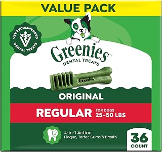 Greenies Regular Dental Dog Treats, Original Chicken Flavor, 36 Count | Clinically-proven, veterinarian-recommended, 47% less tartar & 40% less plaque in 28 days, for dogs 25-50 lbs, 36 oz. Pack