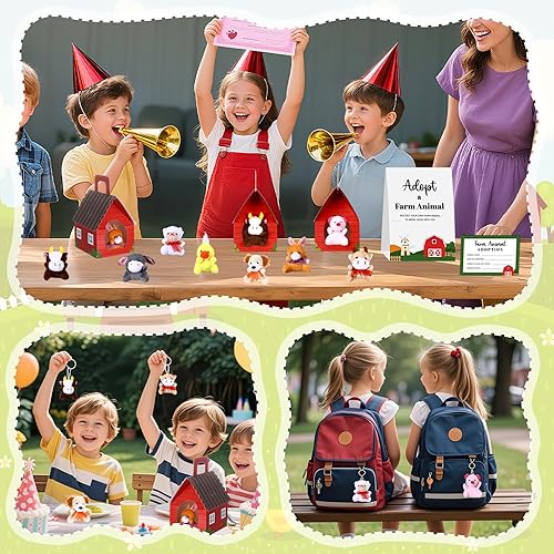 Miniatura 6 de Juego de 73 Piezas de Animales de Granja Recuerdos de Fiesta Mini Juguetes de Granja de Felpa Granero de Cartón Rojo Plegable Tarjetas de Adopción 1