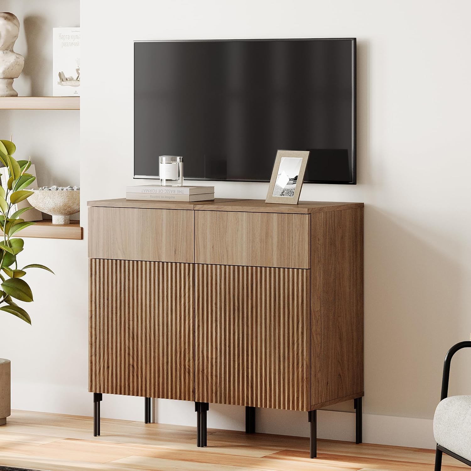 WAMPAT 31.5" Fluted TV Stand TVs up to 35", 2 in 1 Modern Entertainment Center with 2 Drawers & Doors, Wood Media TV Consoles Table with Charging Sation for Living Room, Light Walnut