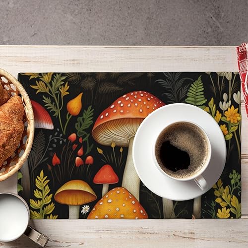 Miniatura 7 de 4 manteles individuales de lino sintético de doble capa con diseño de hongos, antideslizantes, resistentes al calor, para el hogar, restaurante,