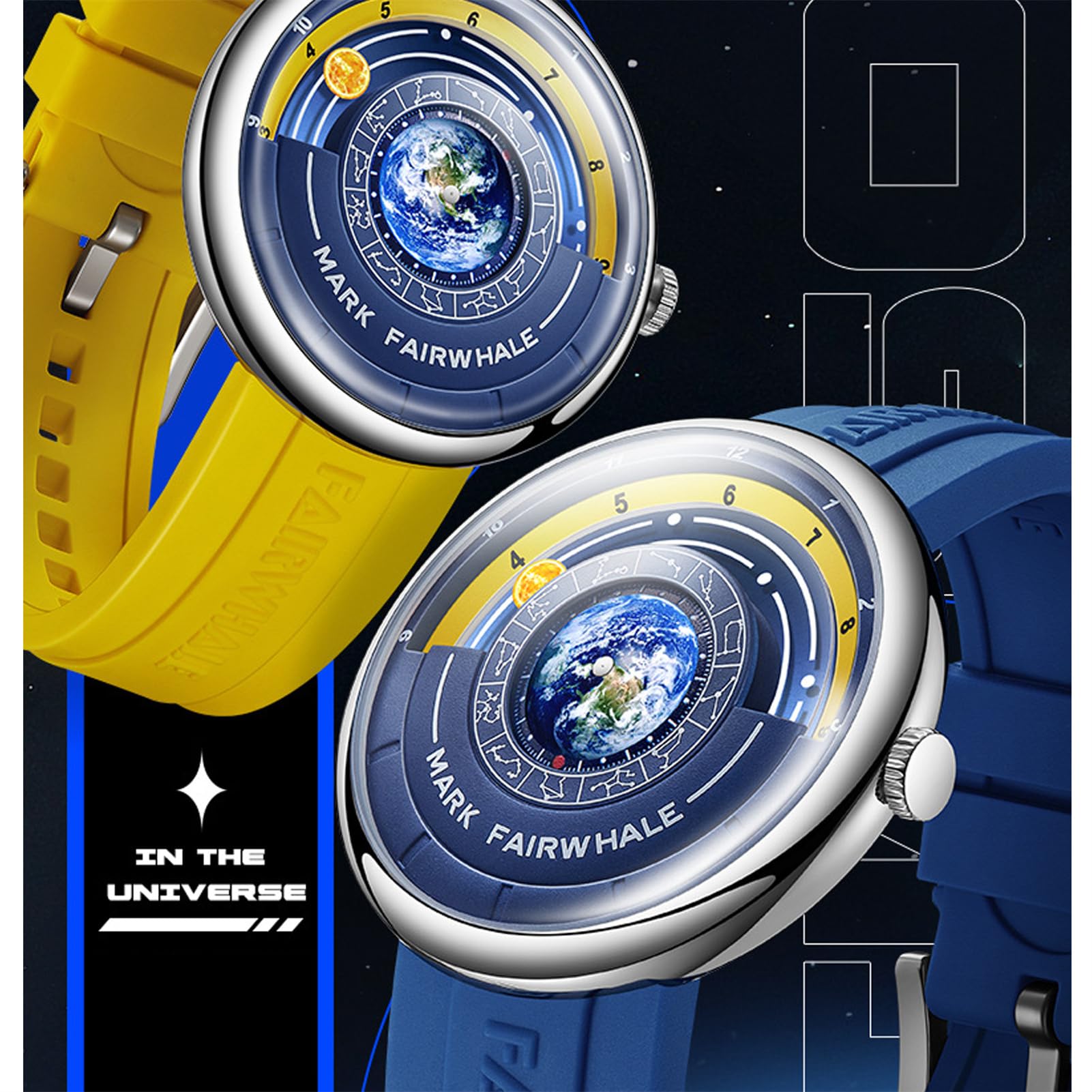 FORSINING Reloj de cuarzo de moda para hombre, diseño de luna, puntero especial, diseño de tierra, correa de silicona, resistente al agua, relojes casuales