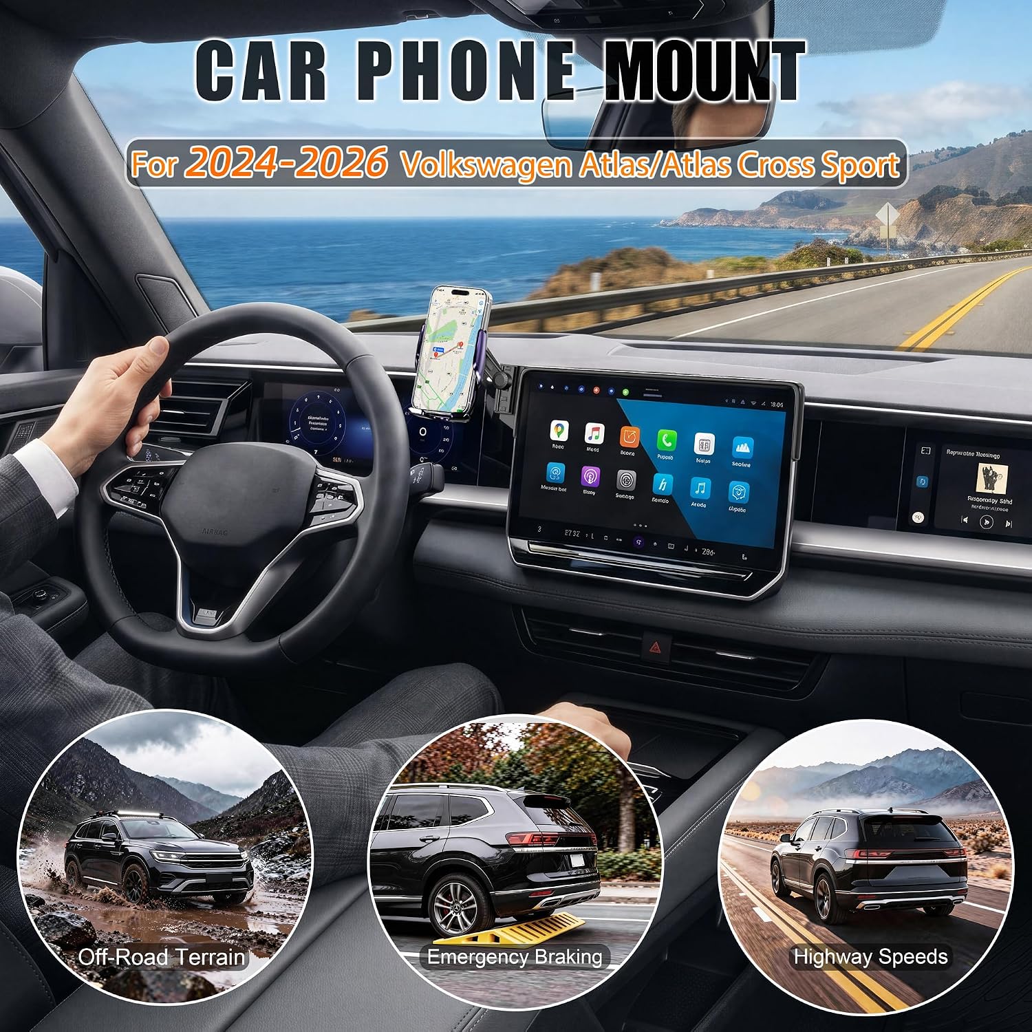Car Phone Mount for 2024–2026 Volkswagen Atlas/Atlas Cross Sport, Smart Auto-Clamping on 12" Touchscreen, 15W Wireless Fast Charging, 360° Adjustable, Without Blocking Airflow image 2