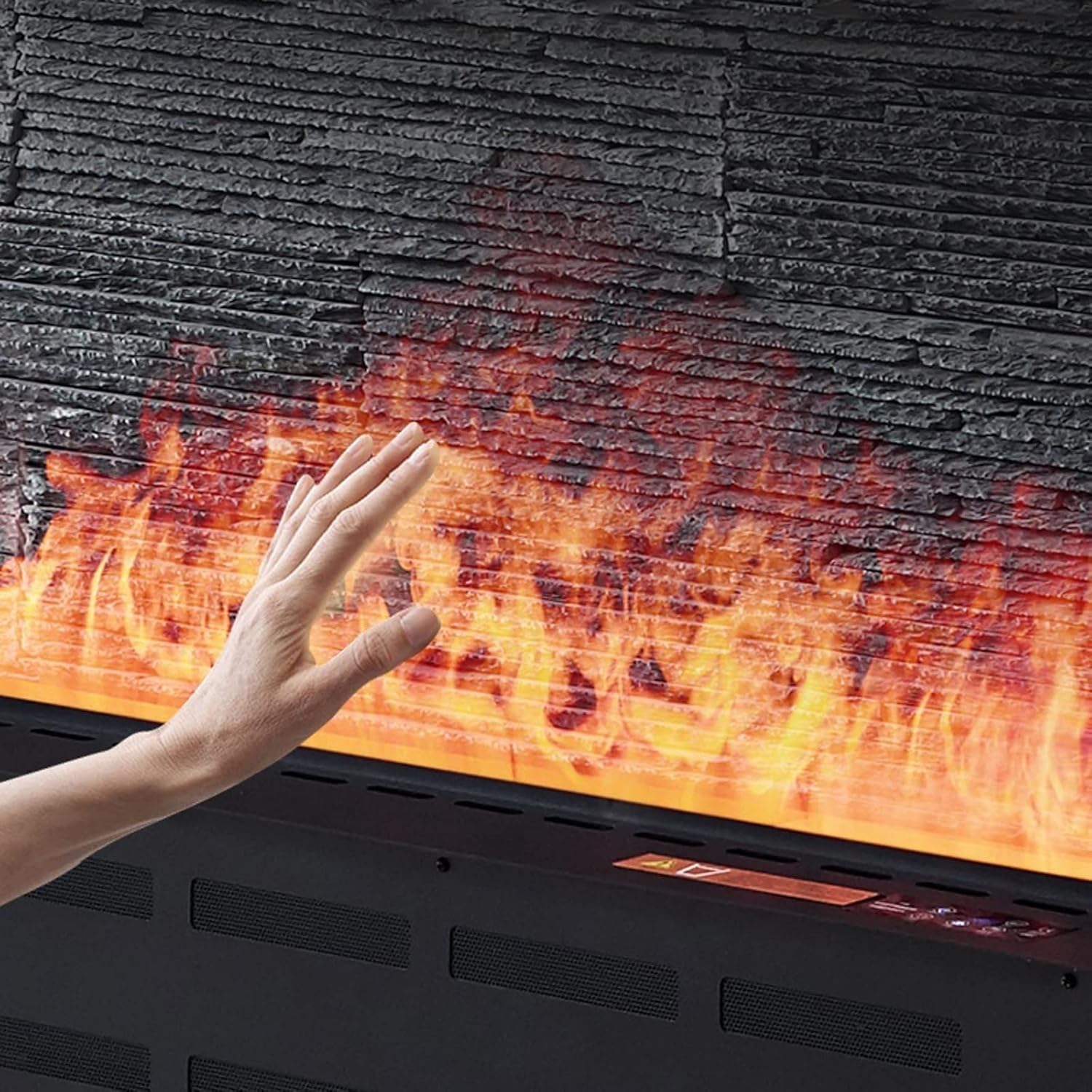 Hand near the electric fireplace flame, indicating no heat