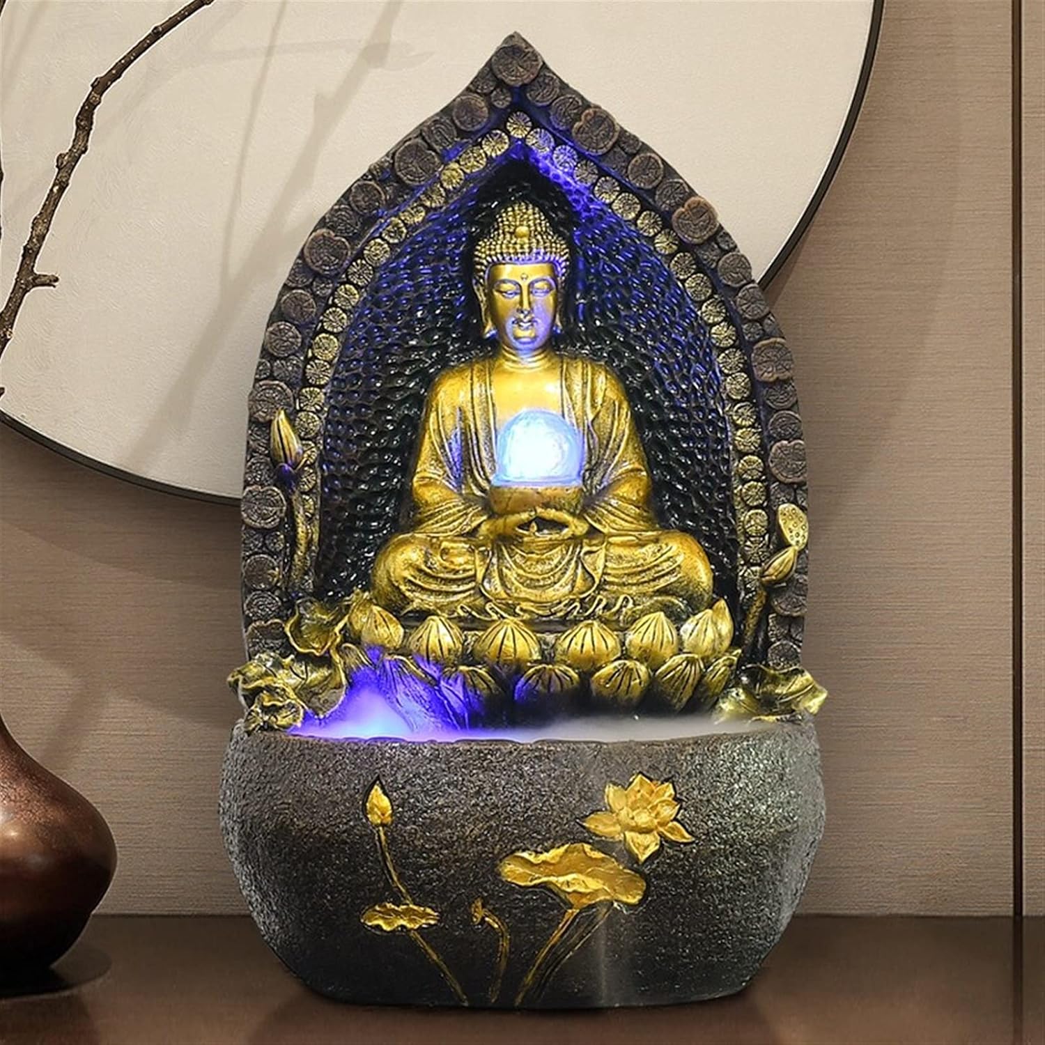 Tabletop Fountain Tabletop Water Fountain-Sitting Buddha Statue with Crystal Ball - Indoor Meditating Buddha Water Fountain Living Room Office Lucky Decor Indoor Tabletop Fountain