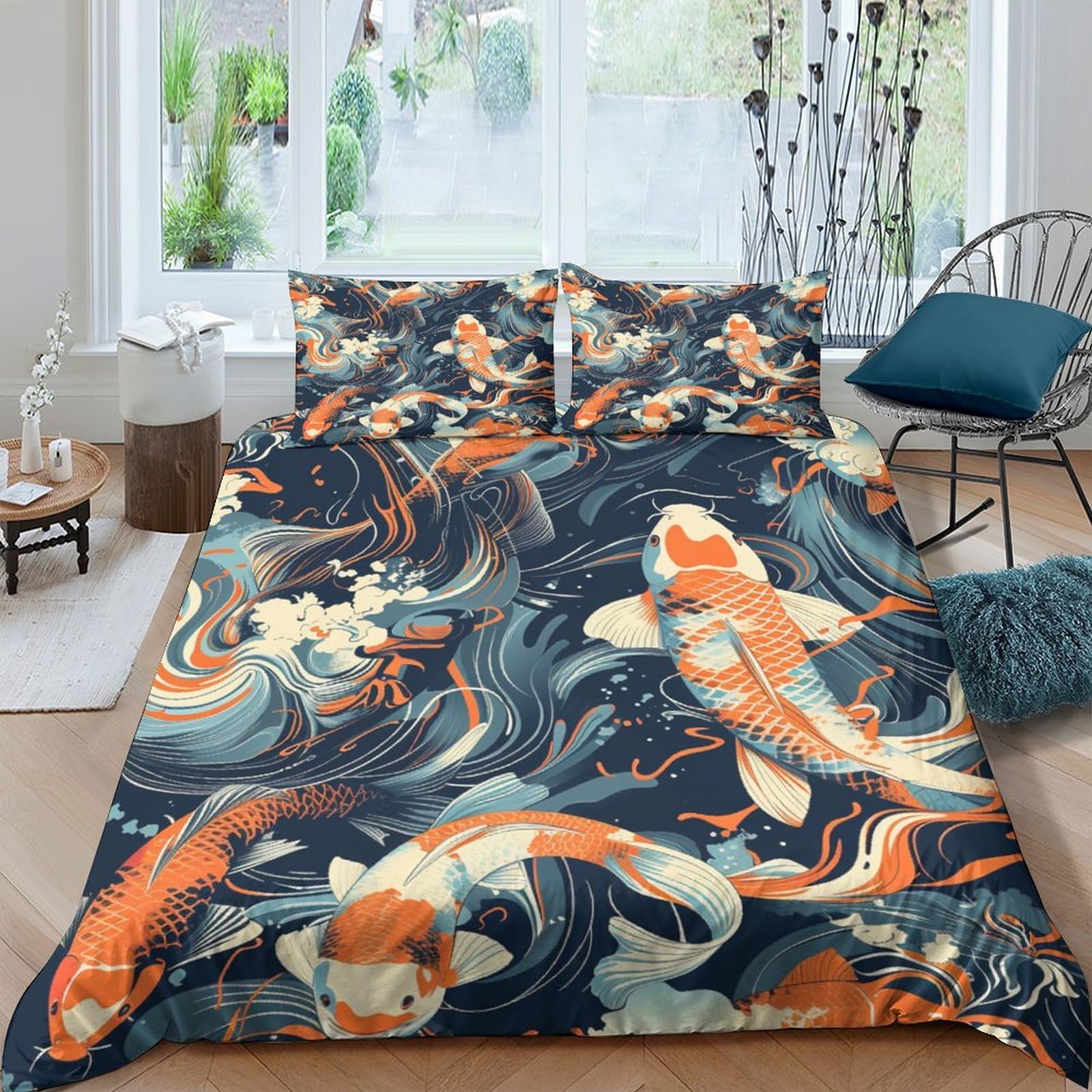 Housse de couette carpe koi 200x200 cm avec 2 taies d'oreiller microfibre