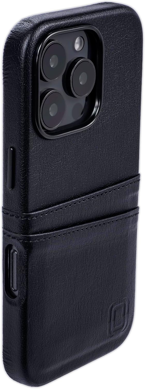 Dockem Card Case for iPhone 16 Pro with Built-in Metal Plate for Magnetic Mounting & 2 Card Holder Pockets: M2 Exec Premium Synthetic Leather Wallet Case (Black)