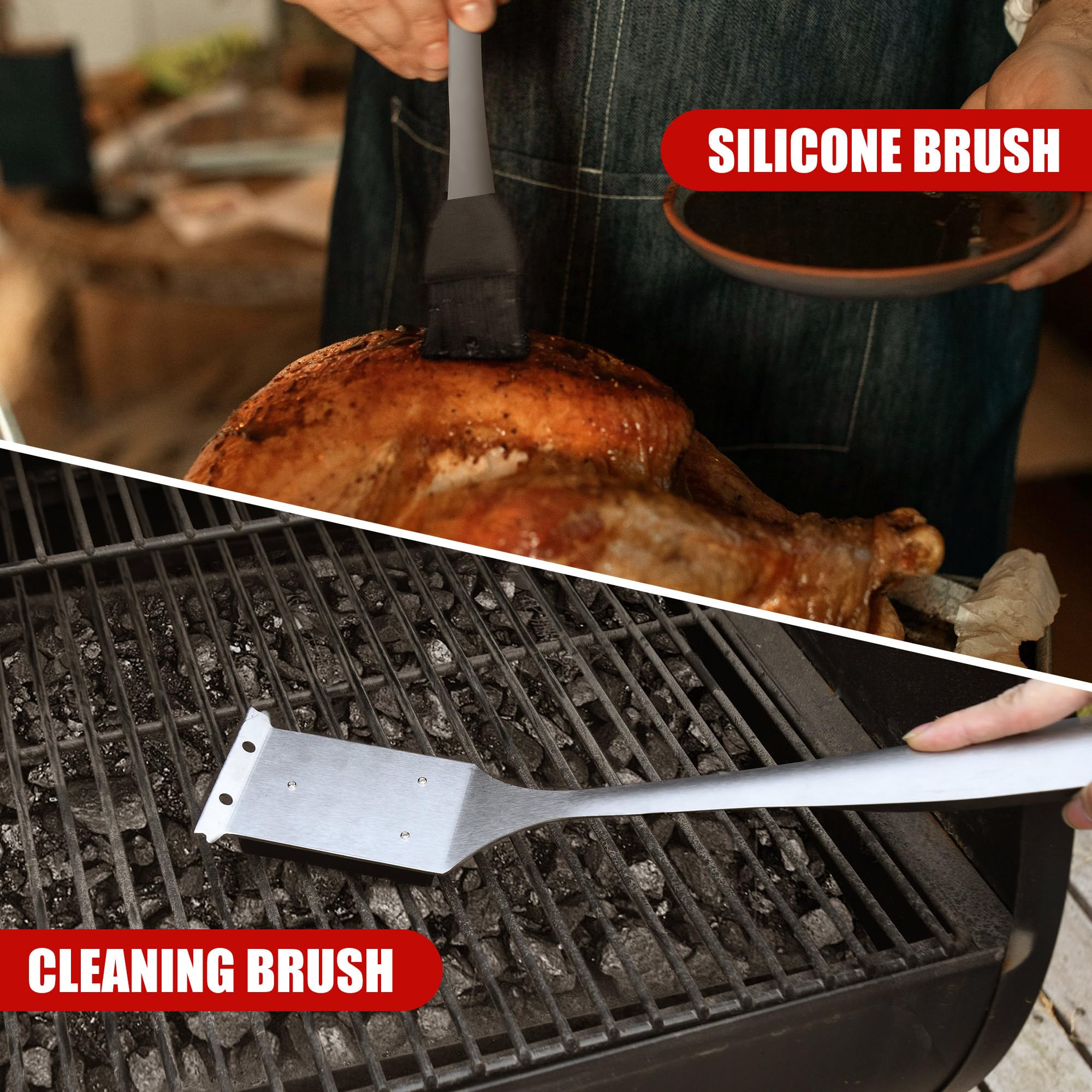 Wysokiej jakości zestaw narzędzi do grillowania ze stali nierdzewnej, wytrzymała szpatułka, widelec, szczotka, skrobak i szczypce - idealne akcesoria do grillowania i prezenty dla mężczyzn, kobiet i