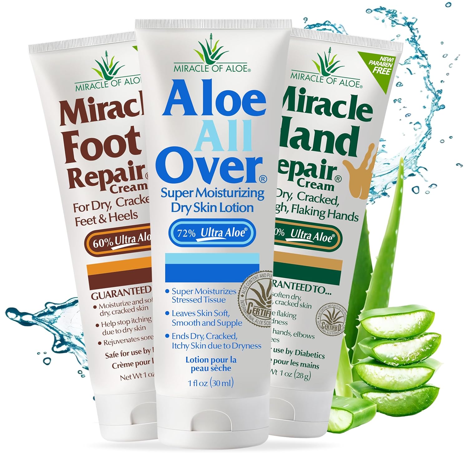 Miracle of Aloe 3-pack Assortment, includes 1 ounce tubes each of Miracle Foot Repair, Miracle Hand Repair and Aloe All Over
