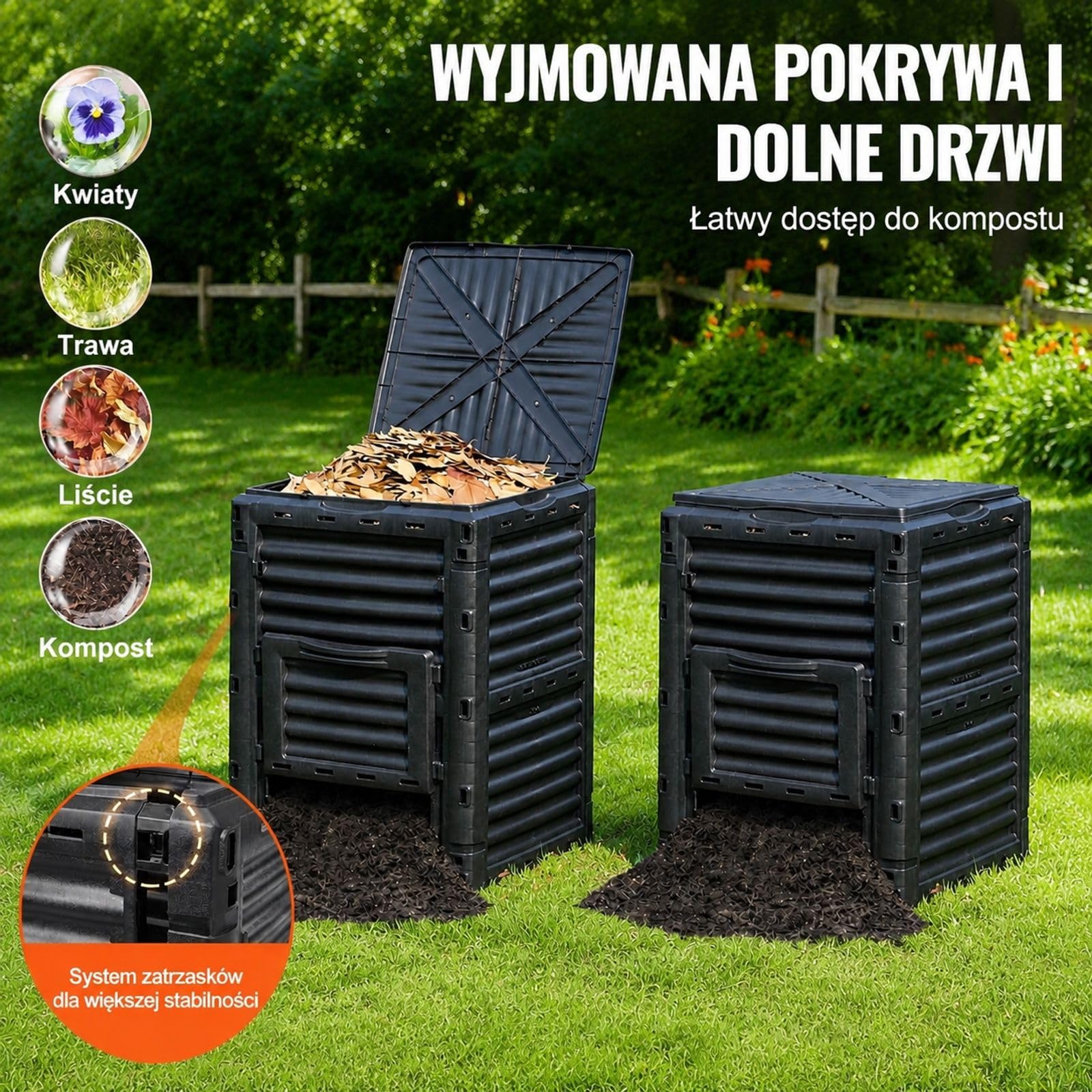 Kompostownik ogrodowy 300 L, czarny pojemnik PP z gorną pokrywą i dolnymi drzwiczkami do ogrodu