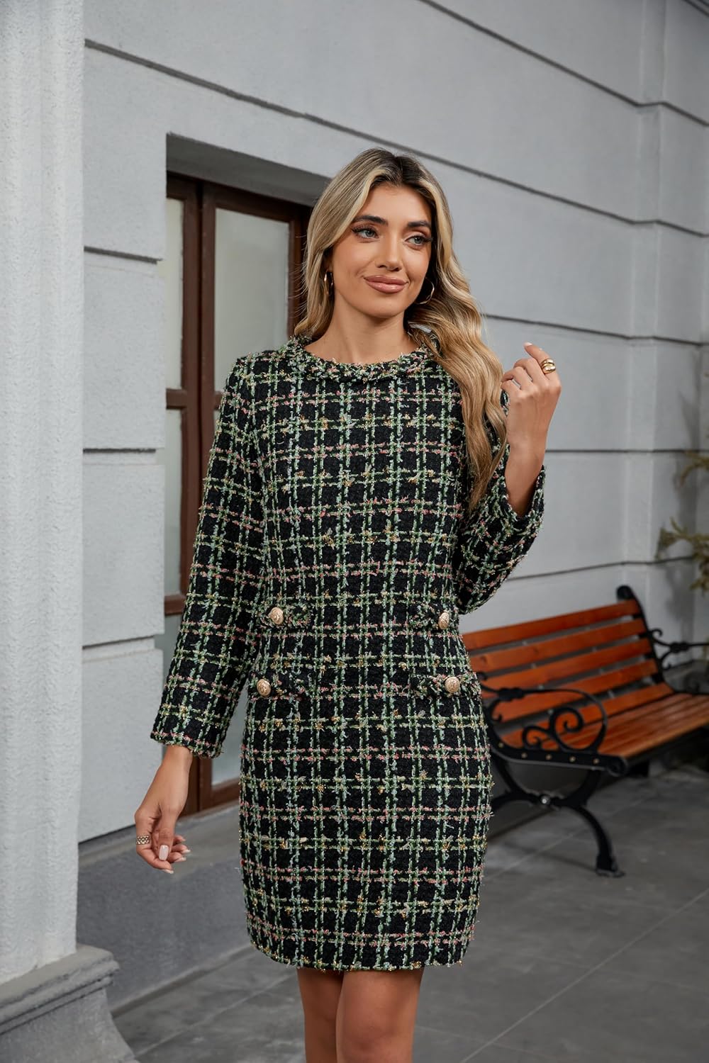 LifeShe Women's Long Sleeve Tweed Mini Dress Business Work Short Dress Elegant Cute Party Dresses - Image 5