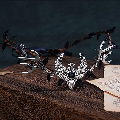 Miniatura 4 de MOSTORY Diadema hecha a mano con cuernos de bosque, corona de cristal de luna, diadema renacentista para mujeres y niñas, carnaval, boda, fiesta,