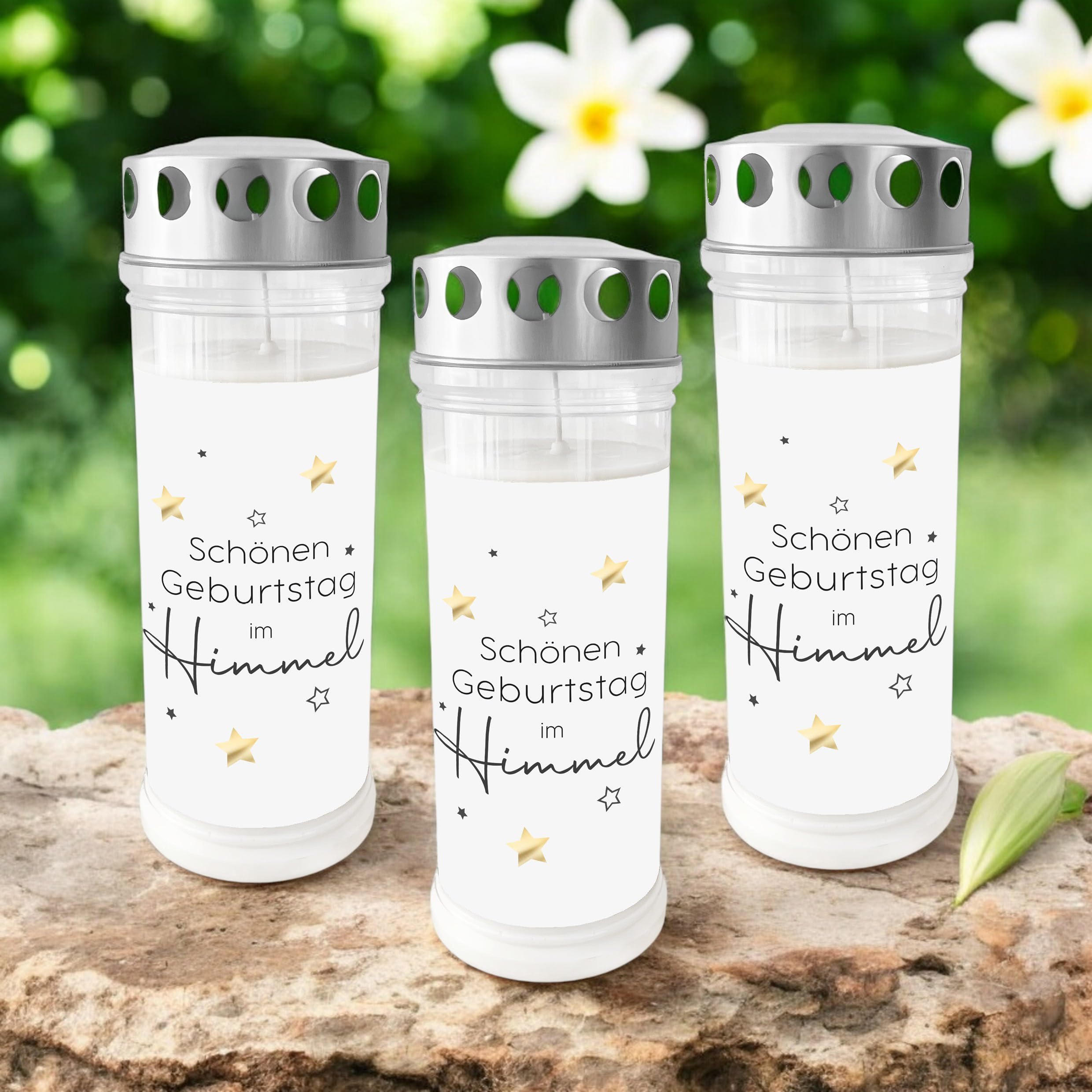Grablicht 'Schönen Geburtstag im Himmel' | 7-Tagebrenner | Grabdekoration für eine Gedenkstätte | Trauerkerze | UV-Beständig | 21cm