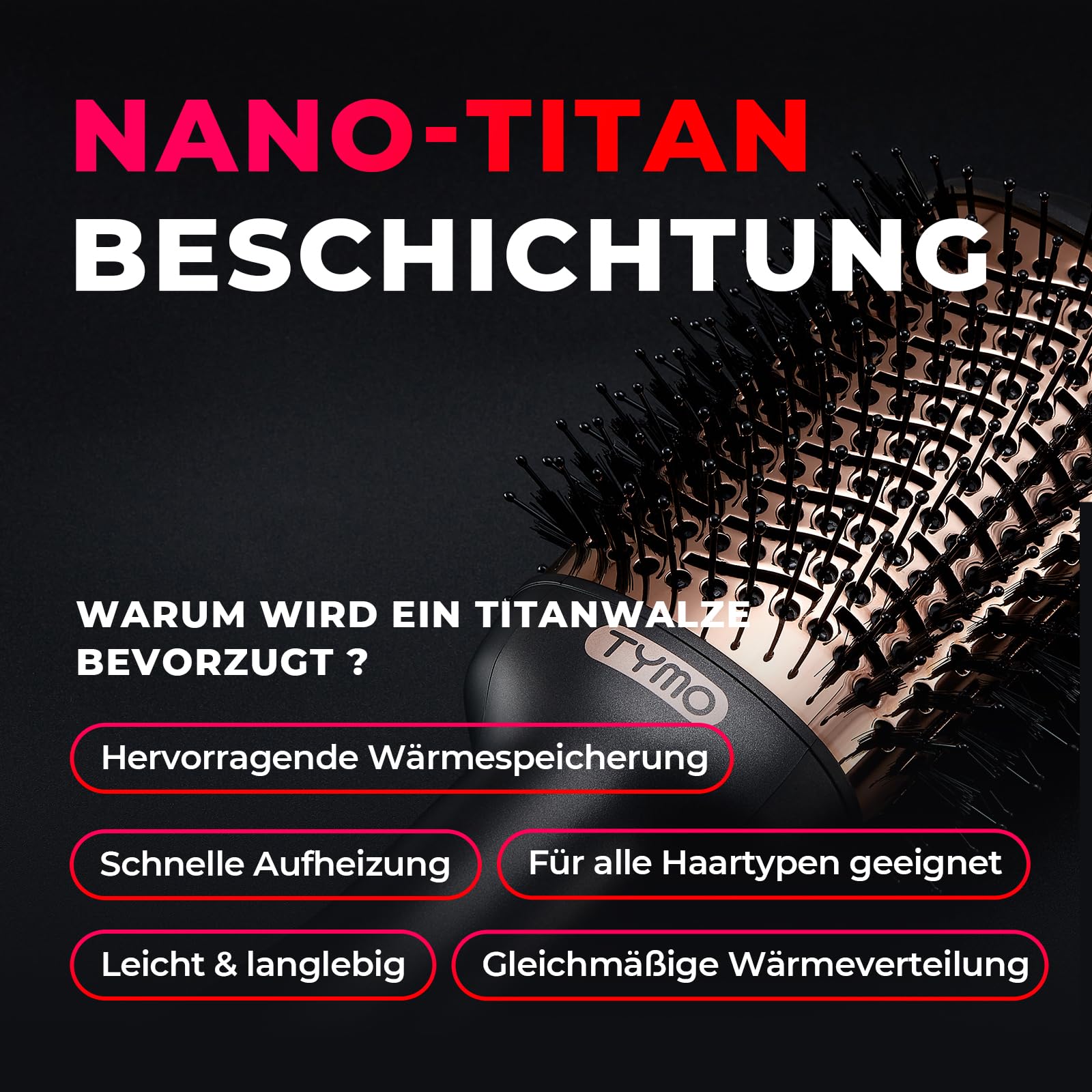 TYMO Warmluftbürste Rundbürstenföhn, Haartrockner und Volumenbürste in einem, Ionen Föhnbürste Stylingbürste Für Schnelles Föhnen, Glätten, Locken, Volumen Kreieren, 3 Temperaturen, Eurostecker, Gold