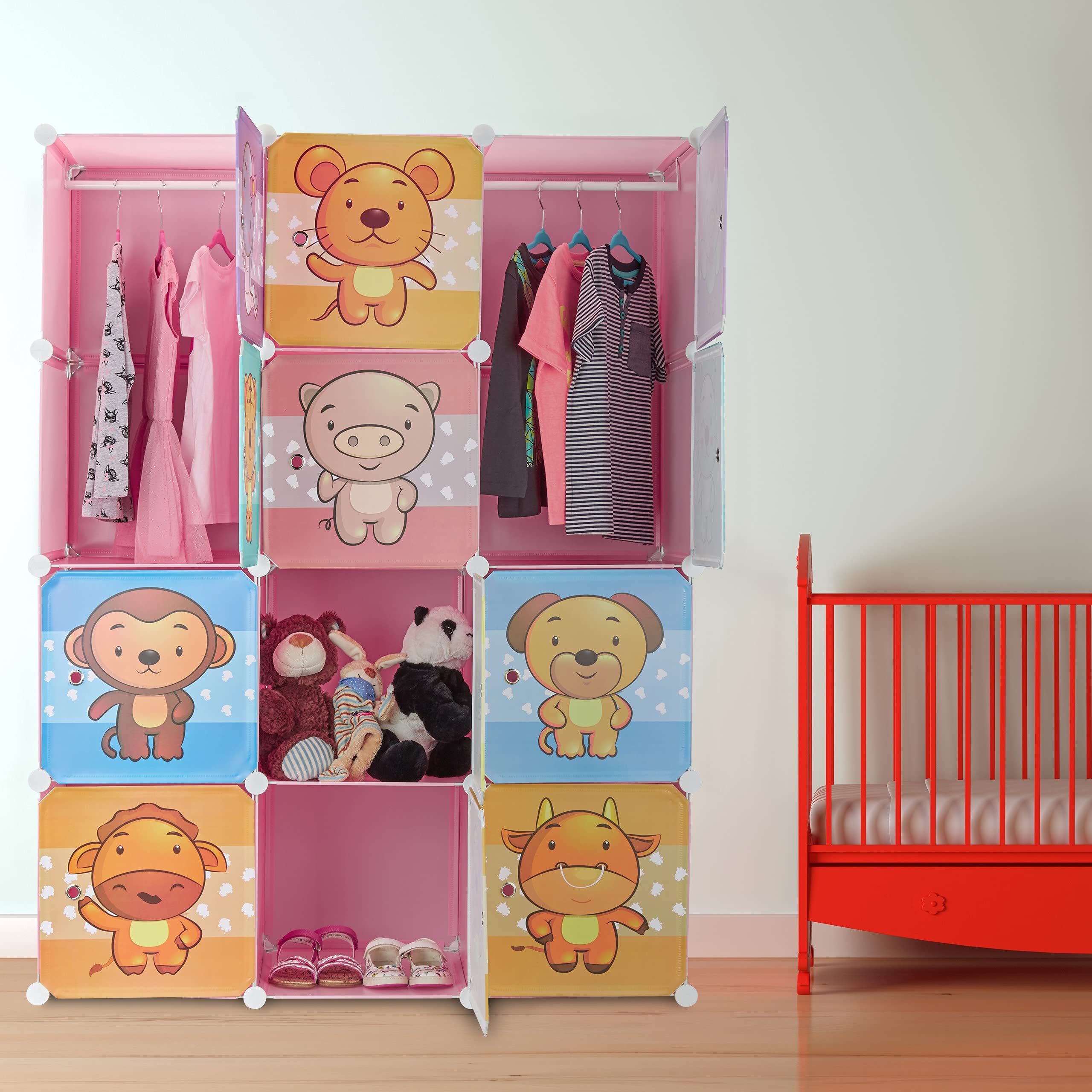 Relaxdays Scaffale Componibile per la Cameretta dei Bambini, Immagini Graziose di Animali, Ante e Bastone Appendiabiti, Rosa