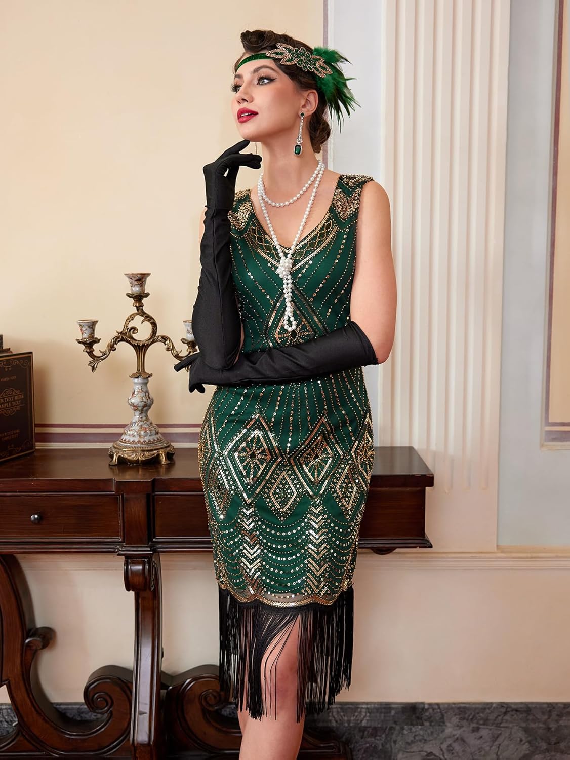 1920s Dresses for Women, Sequin Fringed Gatsby Flapper Cocktail Dresses with 20s Accessories Set, Roaring 20s Costumes - Image 6