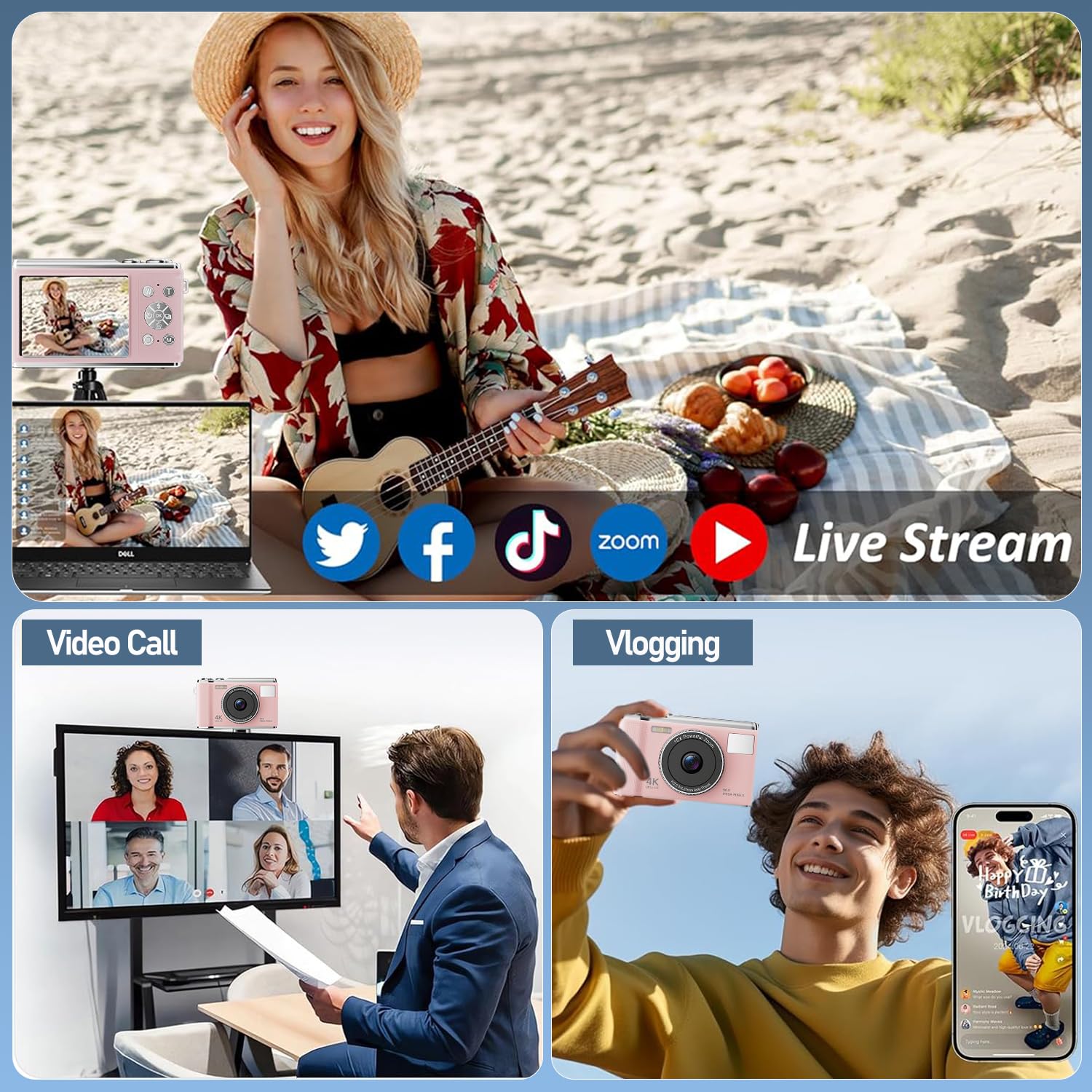 Appareil Photo Numérique 4K 50 MP Vlogging avec Carte TF 32 Go, Zoom 16x, AF, Écran LED 2,83 Pouces, Flash