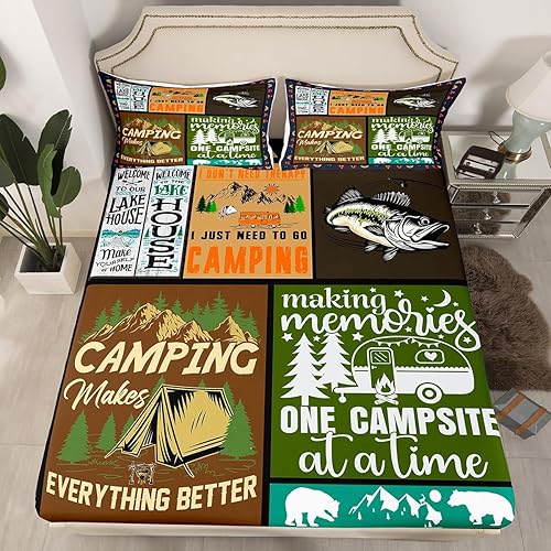 Vista 23 de Erosebridal Juego de sábanas de Happy Camping King, accesorios para cámper para niños, adolescentes y adultos, sábana bajera ajustable de dibujo