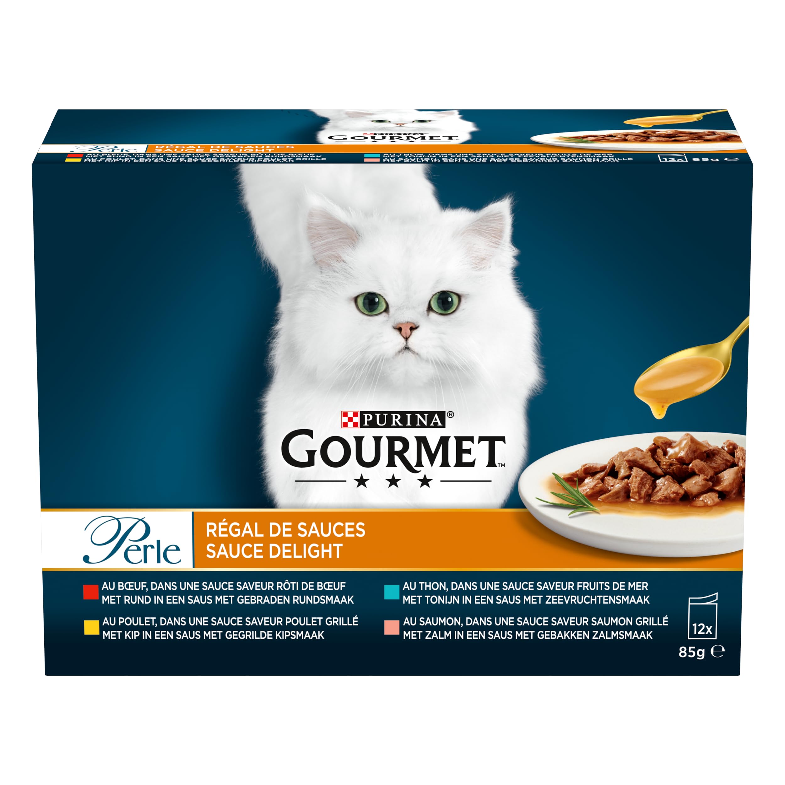 GOURMET PERŁA | REGAL SOS | Kot dla dorosłych | Wołowina, Kurczak, Tuńczyk, Łosoś | 12 x 85 g| Świeża saszetka