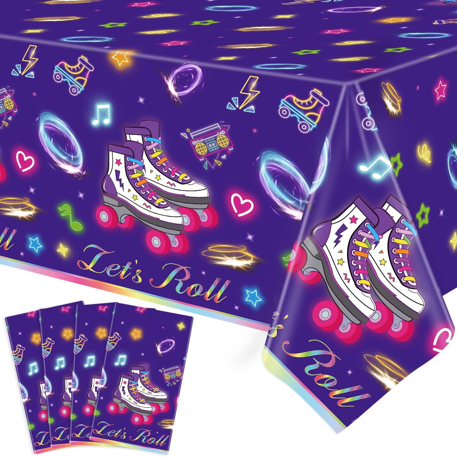 FVEOCR 4 Pack Roller Skating Table Covers Roller Skater Table Cloth Let's Roll Table Covers for Skate Themed Party Decoration 80s 90s Retro Hip Hop Roller Skating Theme Party Supplies