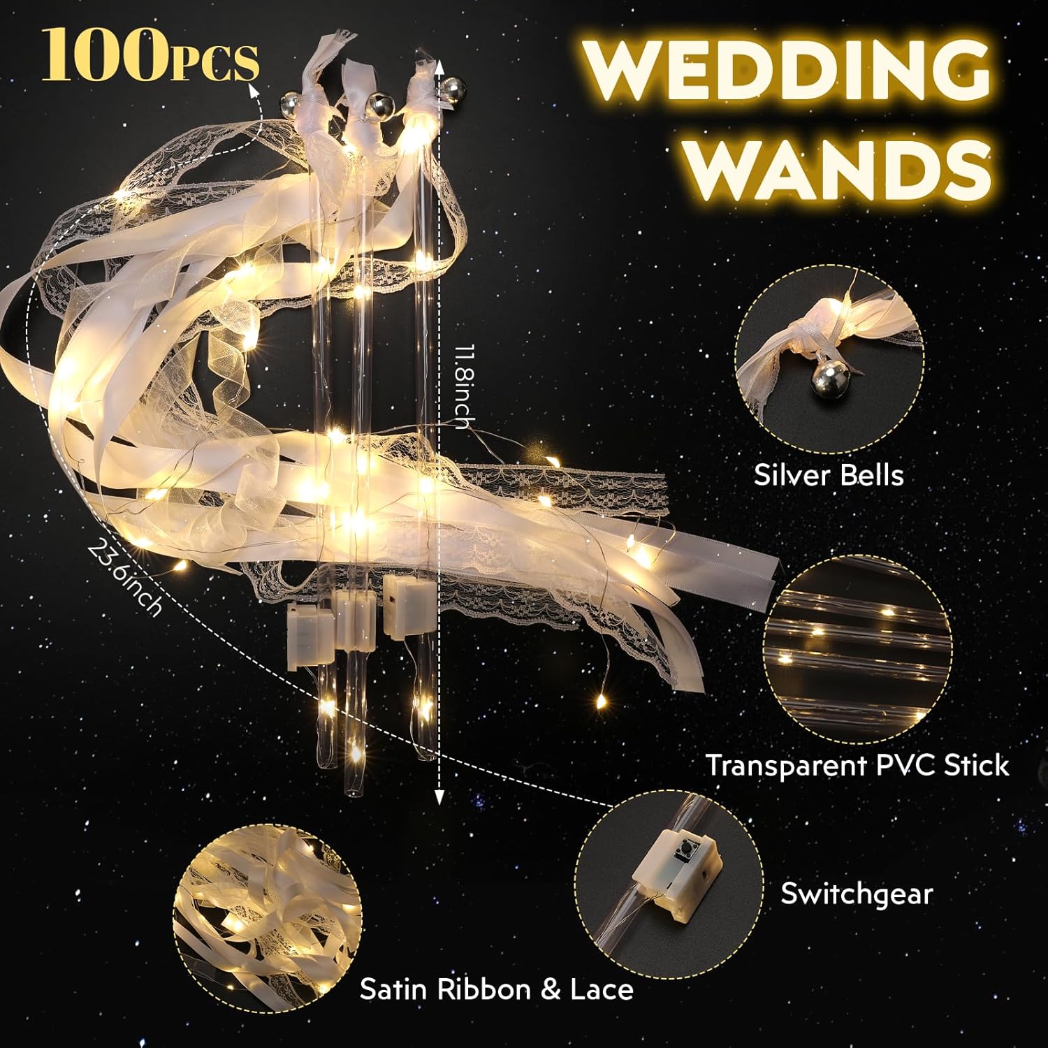100 PCS Light Up Wedding Wands for Send Off - LED Fairy Wands with 3 Flashing Modes, Silk Ribbons, Lace & Bells for Wedding Ceremony Exit (Birthday Christmas Party Favors)​​